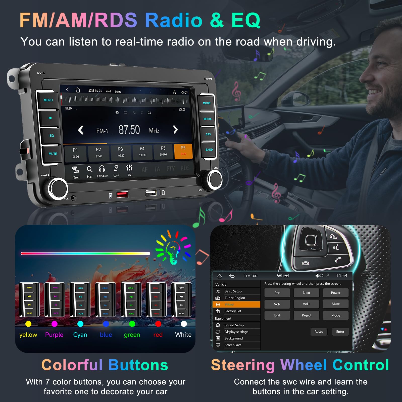 Autoradio pour VW Golf Passat Polo Caddy Tiguan Touran Seat, Radio Voiture 7" Écran Tactile HD avec CarPlay et Android Auto sans Fil, Bluetooth, Mirror Link, FM/AM RDS, Canbus, SWC