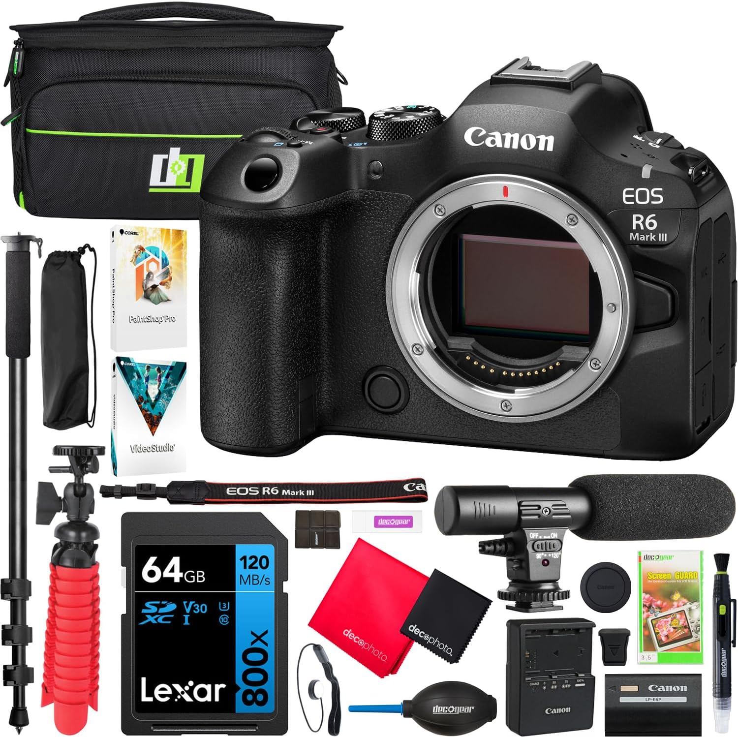 Canon EOS R6 Mark III Full Frame Mirrorless Interchangeable Lens Camera Body 7084C002 32.5MP | 40 FPS | 7K RAW Video | 8.5 Stop IBIS Bundle with Deco Gear Bag + Microphone + Monopod + Accessories Kit