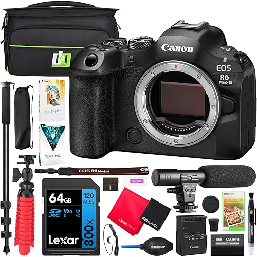 Canon EOS R6 Mark III Full Frame Mirrorless Interchangeable Lens Camera Body 7084C002 32.5MP | 40 FPS | 7K RAW Video | 8.5 Stop IBIS Bundle with Deco Gear Bag + Microphone + Monopod + Accessories Kit
