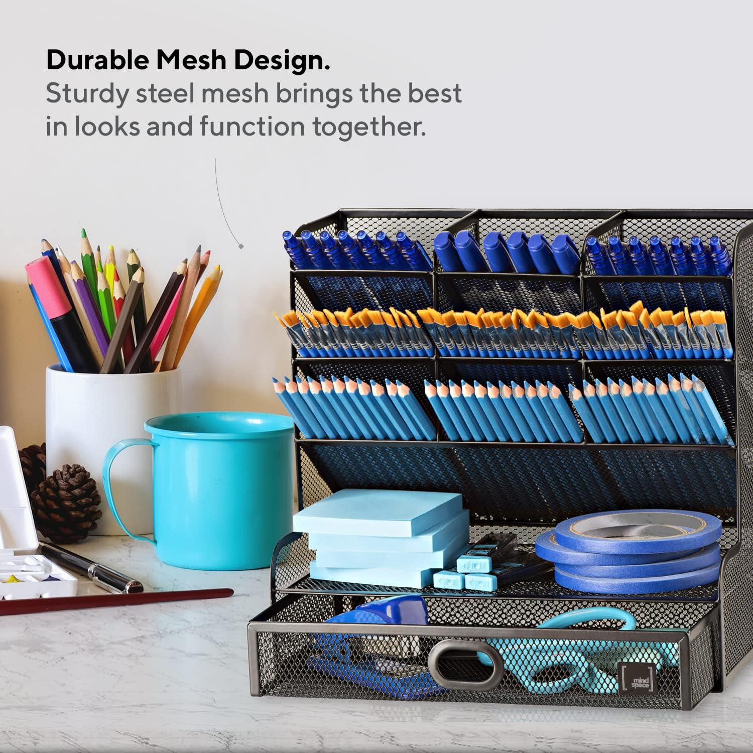 Art Supplies Desk Organizer, Pencil Holder, Pen Organizer for desk - Stationary Organizer for Pens and Markers, Colored pencils, Paint Brushes, Sticky Notes - School Supply Organizer, Black : Office Products