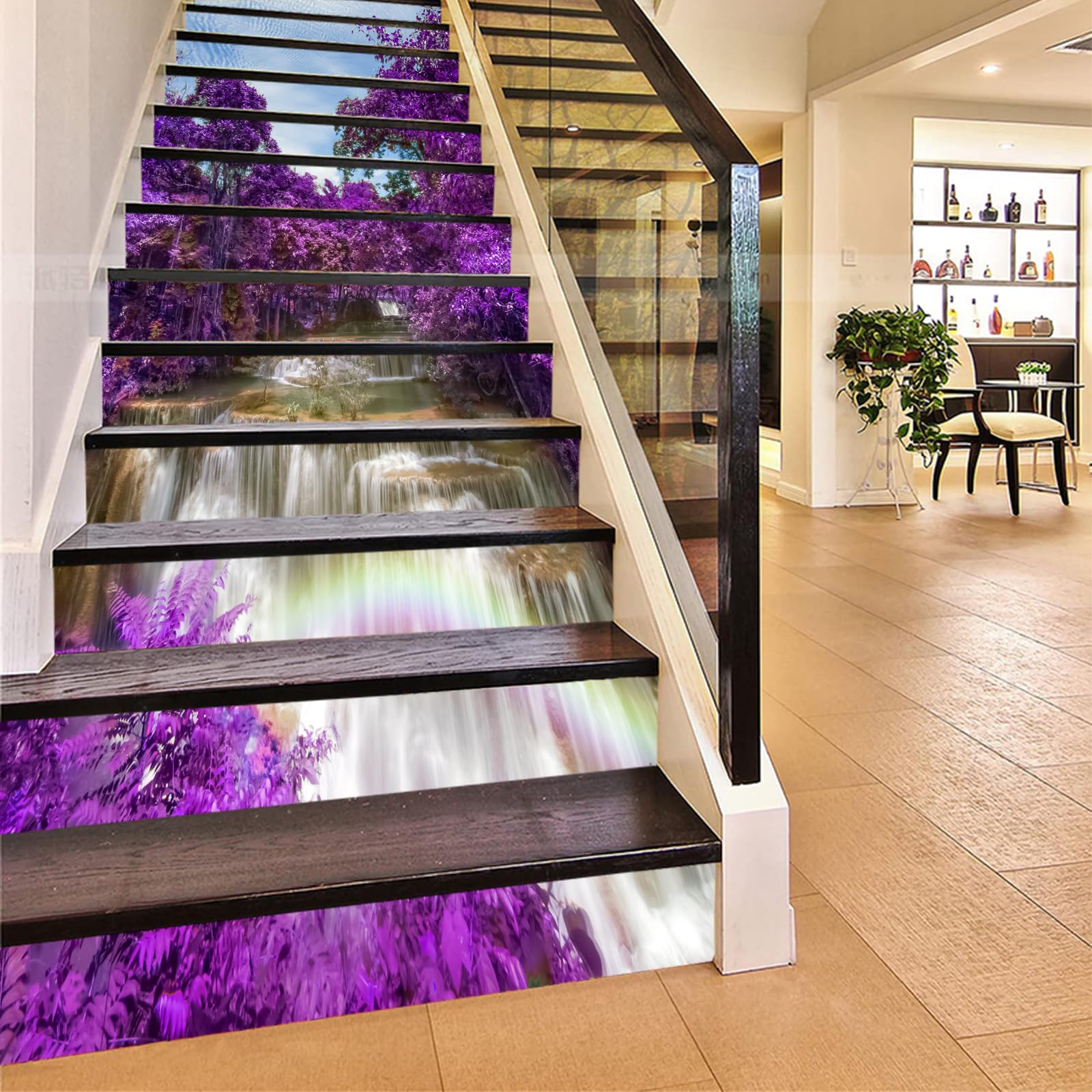 FLFK 15Pcs Stair Risers Stickers Peel and Sick 39.37"x7.08",Self-Adhesive Staircase Stickers Decals, Waterfall Purple Flower Trees Forest Mural Wallpaper for Stair Steps — image 1