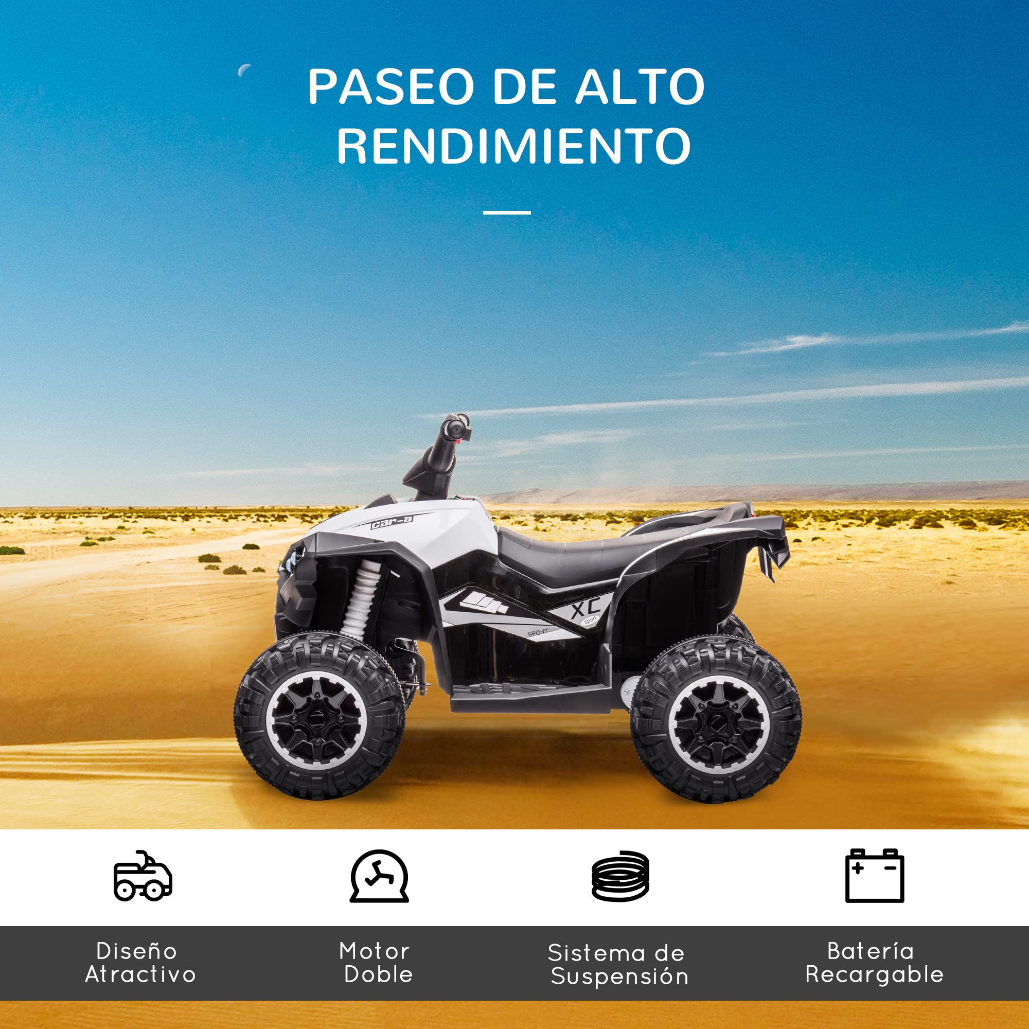 HOMCOM Quad Eléctrico para Niños 12V, Quad para Niños de 3-5 Años, con 2 Motores, Velocidad Ajustable 3-6km/h, Faros, Bocina, Música, USB, Avance y Retroceso, Blanco