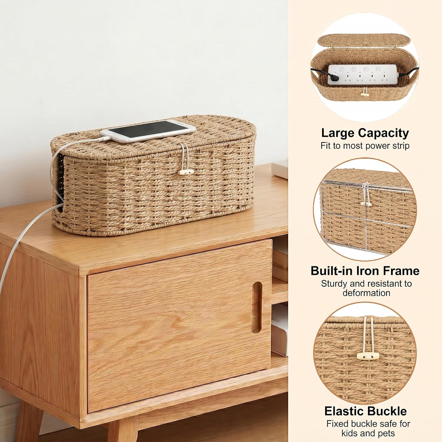 Set of 2 Cable Management Box, Handwoven Cord Hider Box with 3 Open Slots