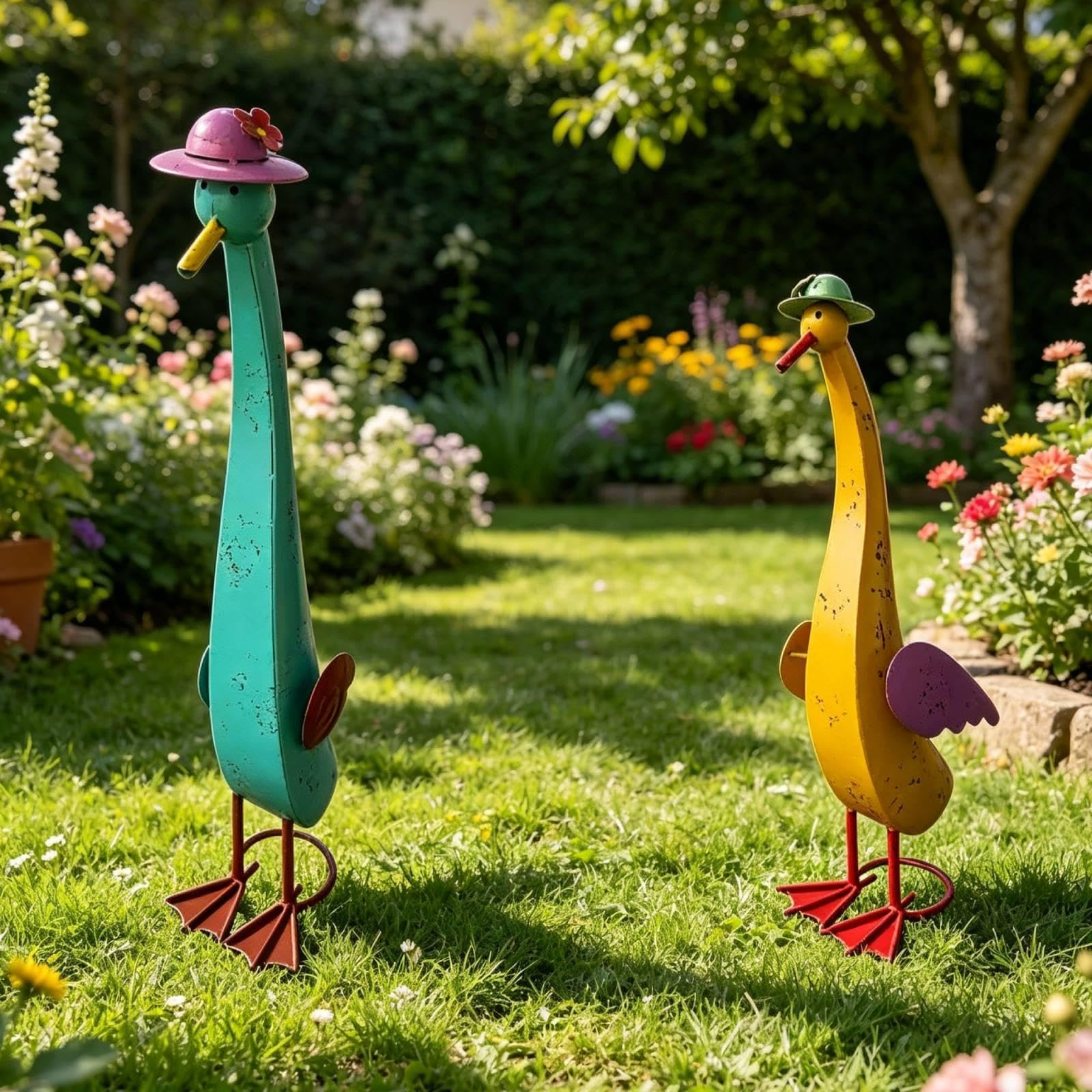 2 Stück Entenfigur Langhals Eisenstatue Gartendeko Figur Skulptur für Sammler Regal Terrasse Balkon Esstisch Innenbereich