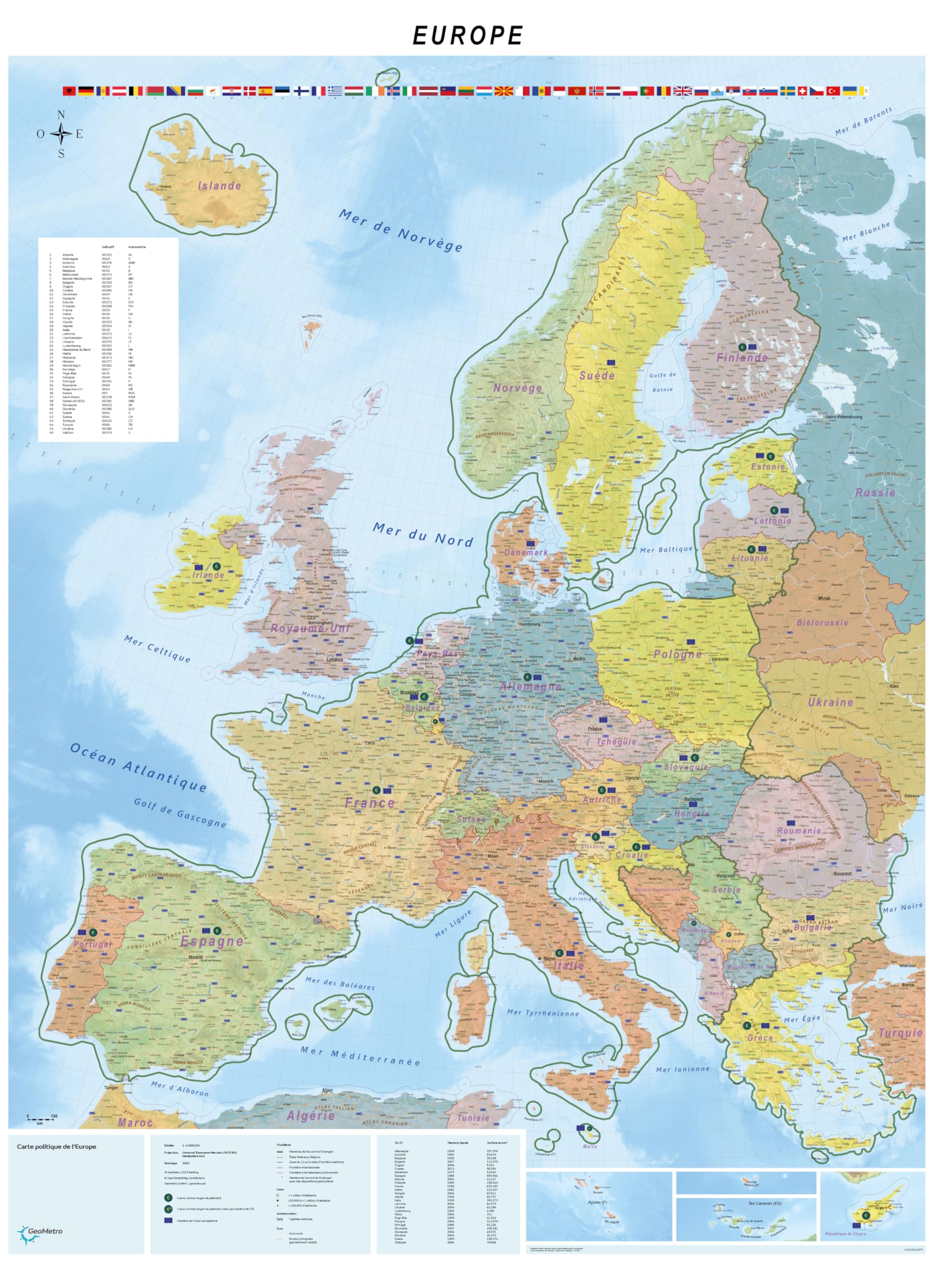 Grande carte de l'europe en français avec plastification sur les deux faces, inscriptible, 90 x 122,5 cm, avec espace Schengen
