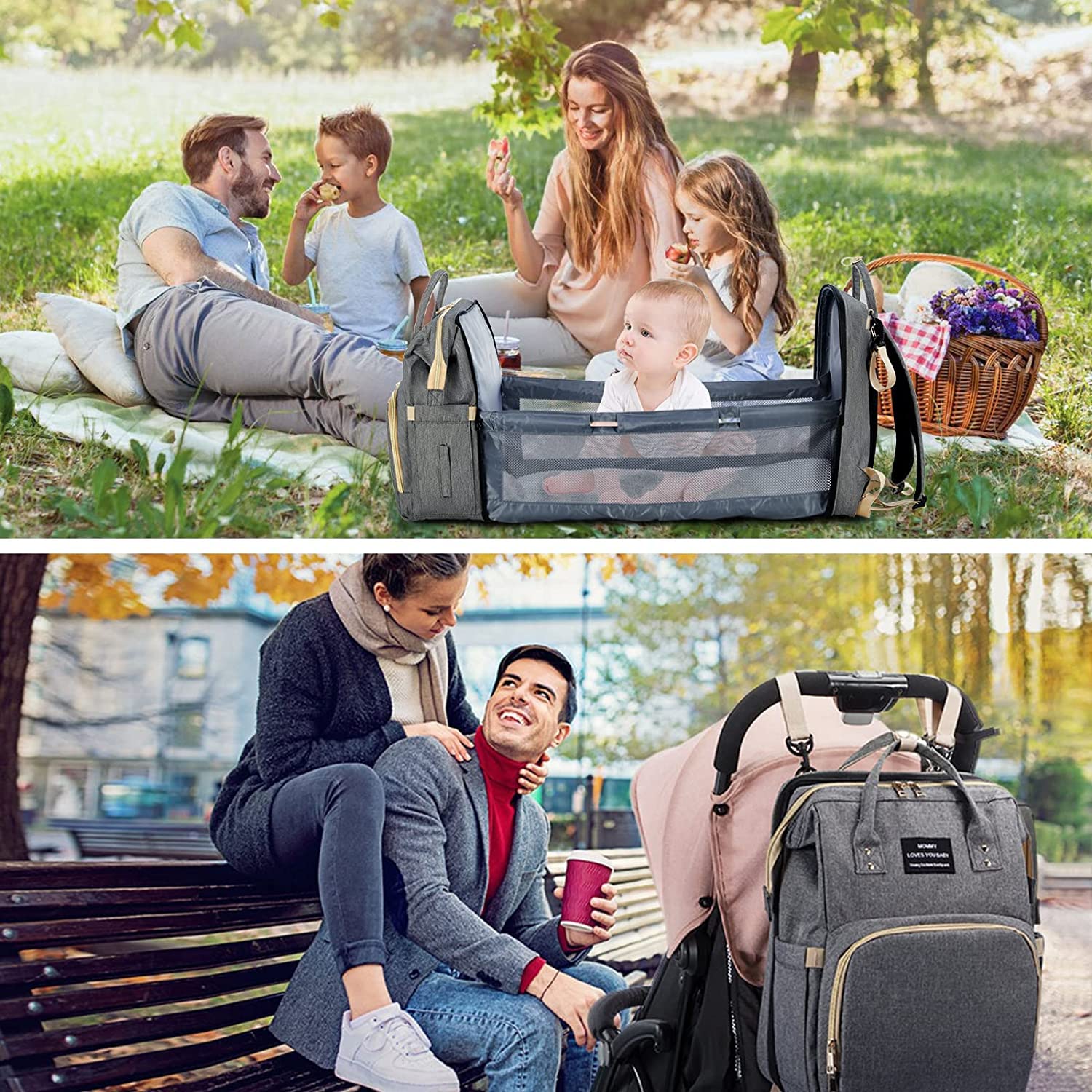 Sac à Dos à Langer pour Bébé,Sac de Voyage avec Lit de Bébé Portable,Grande Capacité Sac à Couches Multifonction Imperméable,2 Sangles de Poussette,pour Biberon Sac à Dos (Gris)