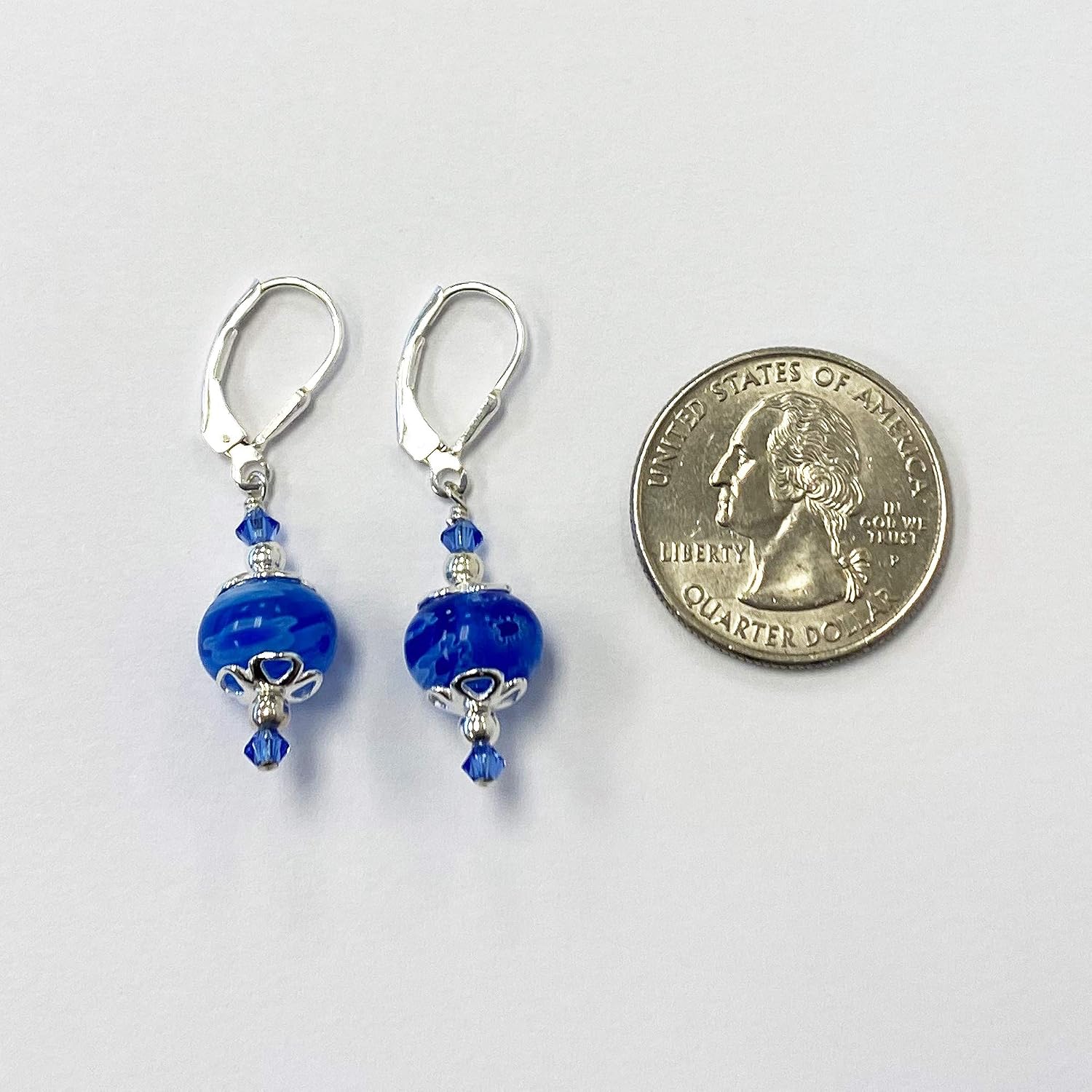 .925 Silver Earrings with Glass Beads and Austrian Crystal Drops Dark Blue