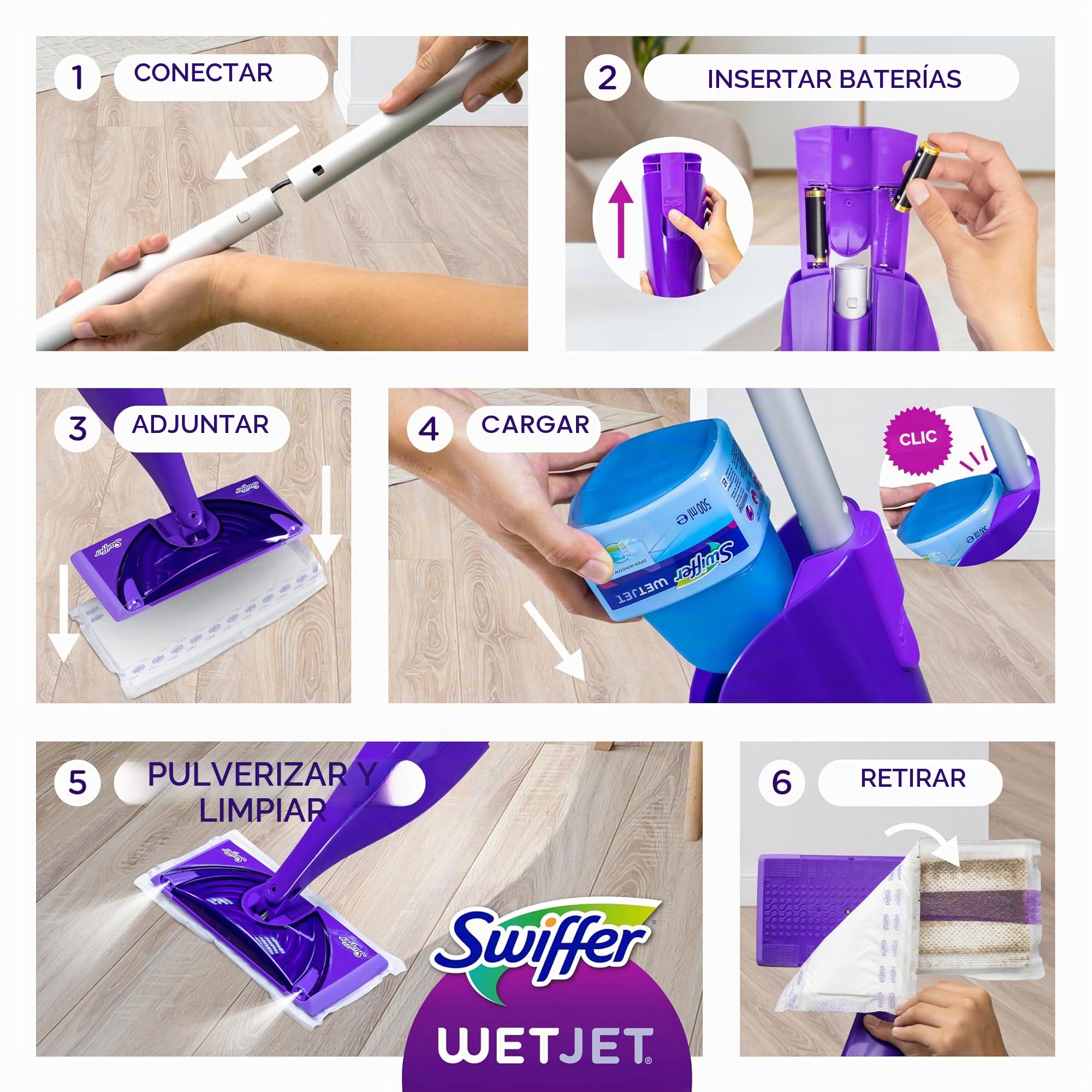 Swiffer WetJet - Kit de iniciación de Limpiador de mopa en Aerosol para Madera Dura y Pisos, Incluye: 1 mopa eléctrica, 10 Almohadillas, solución de Limpieza, baterías