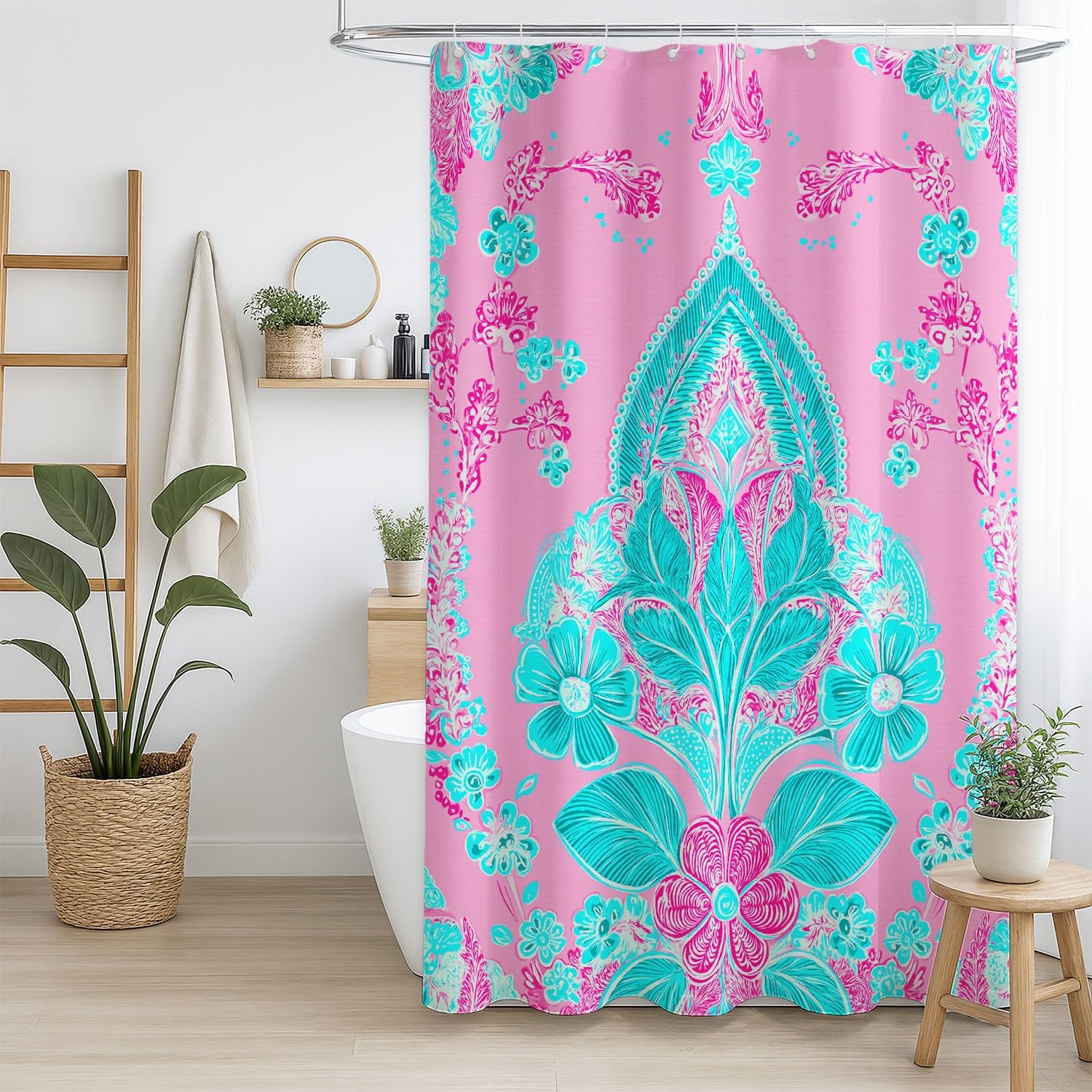 Generico Fantasia Tenda Da Doccia Simmetria Elegante Fiori Rosa Ciano, Tenda Da Doccia Per Bagno, Vasca Da Bagno, Tenda In Poliestere Impermeabile Con Ganci In Plastica, 180 x 200 cm