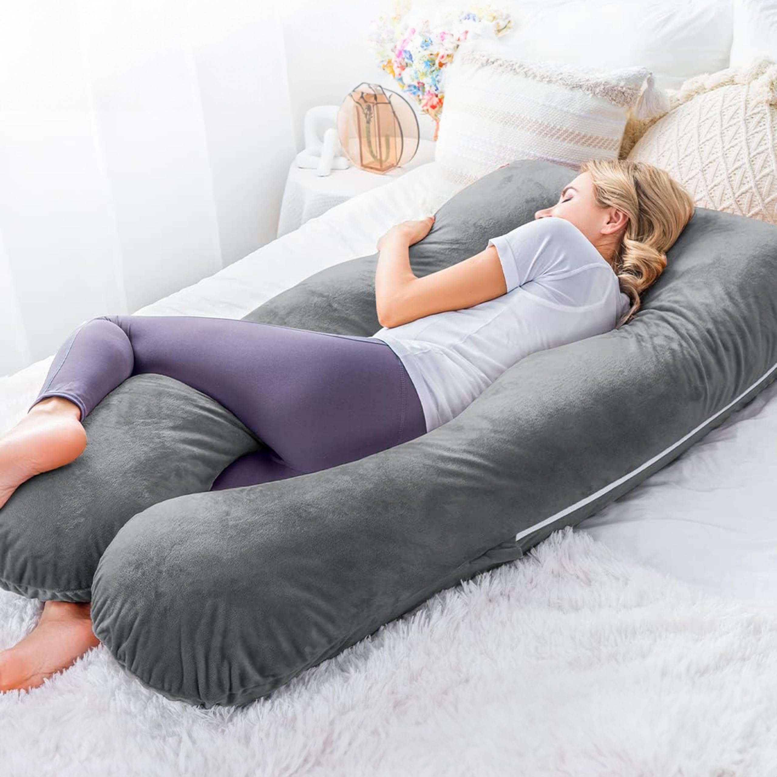 Cuscino per gravidanza, cuscino per dormire sul lato, 140 x 80 cm a forma di U con fodera rimovibile, cuscino per il corpo, grigio scuro
