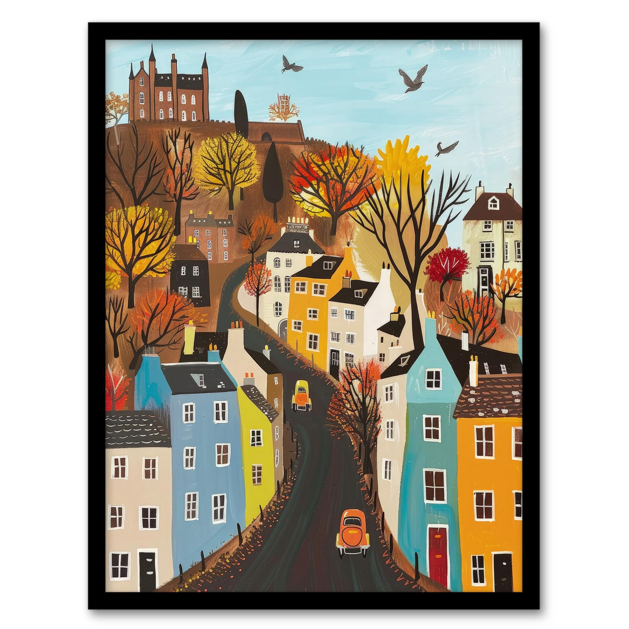 Artery8 Castle Hill Road Drive Autumn Tree Cityscape For Living Room Artwork Framed Wall Art Print A4