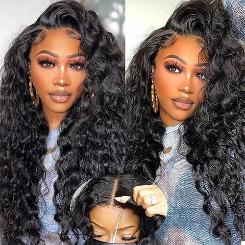 Wear and Go Glueless Wigs Human Hair Pre Plucked Pre Cut Deep Wave Lace Front Wigs for Black Women 180% Density Transparent Closure Wigs Water Wave Wigs Human Hair for Beginners Deep Curly Wig 26Inch