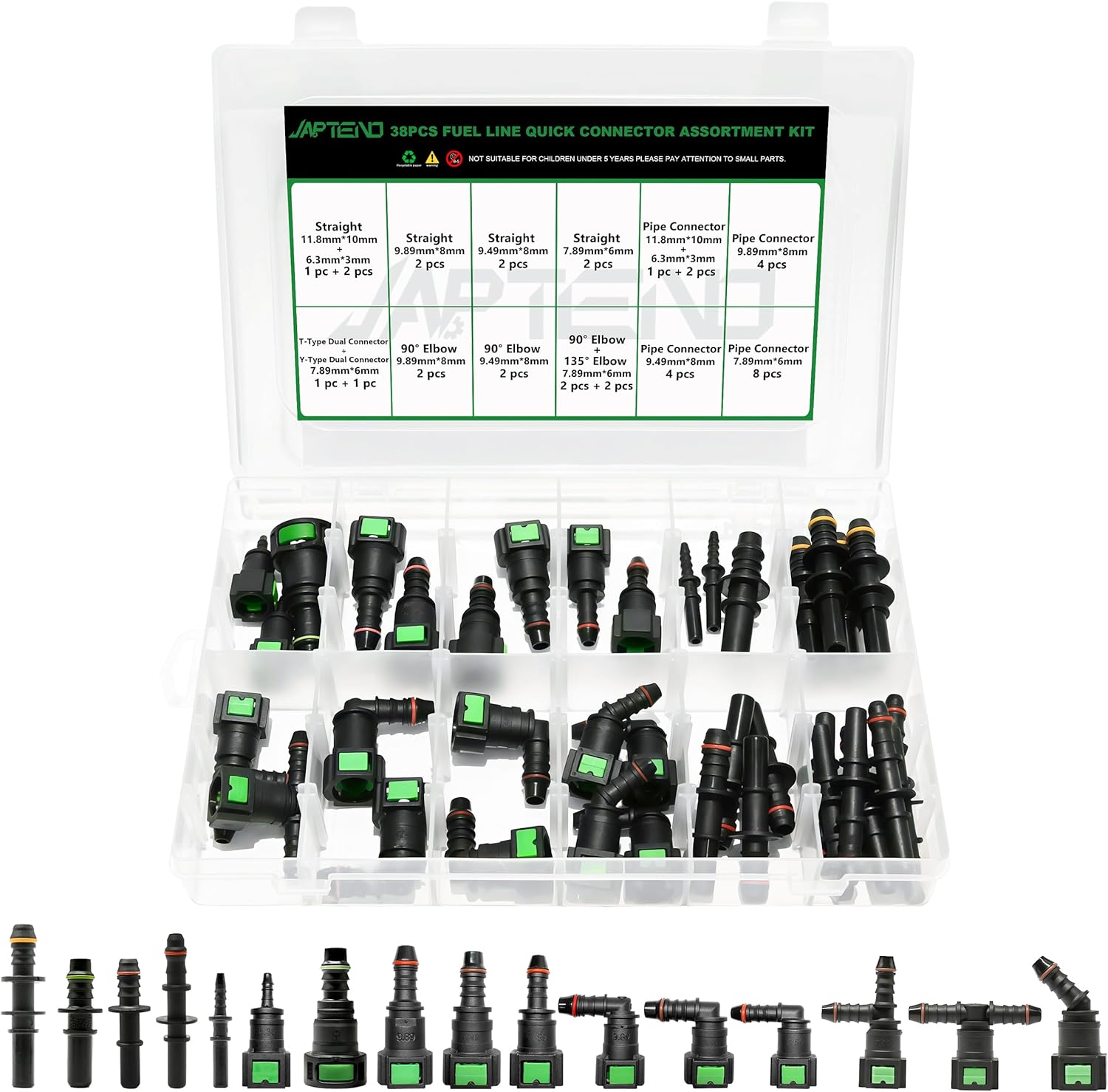 Fuel Line Repair Kit, 38pcs Fuel Line Quick Connector Assortment Kit 16 Sizes Hose Release Connect Straight Elbow T-Type Y-Type Pipe Connector Fittings SAE 6.3mm to 11.8mm