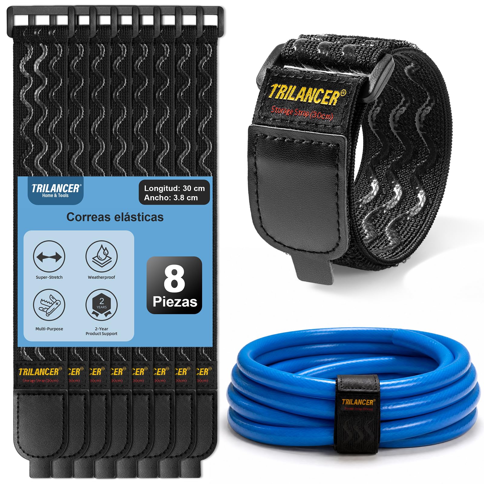 Trilancer Correas de Cincha Elástica con Tiras Antideslizantes,30 cm x 3.8cm (Pack de 8) Correas con Hebilla Multiusos con Lengüeta de Tirado Fácil para Cables,Cuerdas,Mangueras, Bicicletas,Pantalones