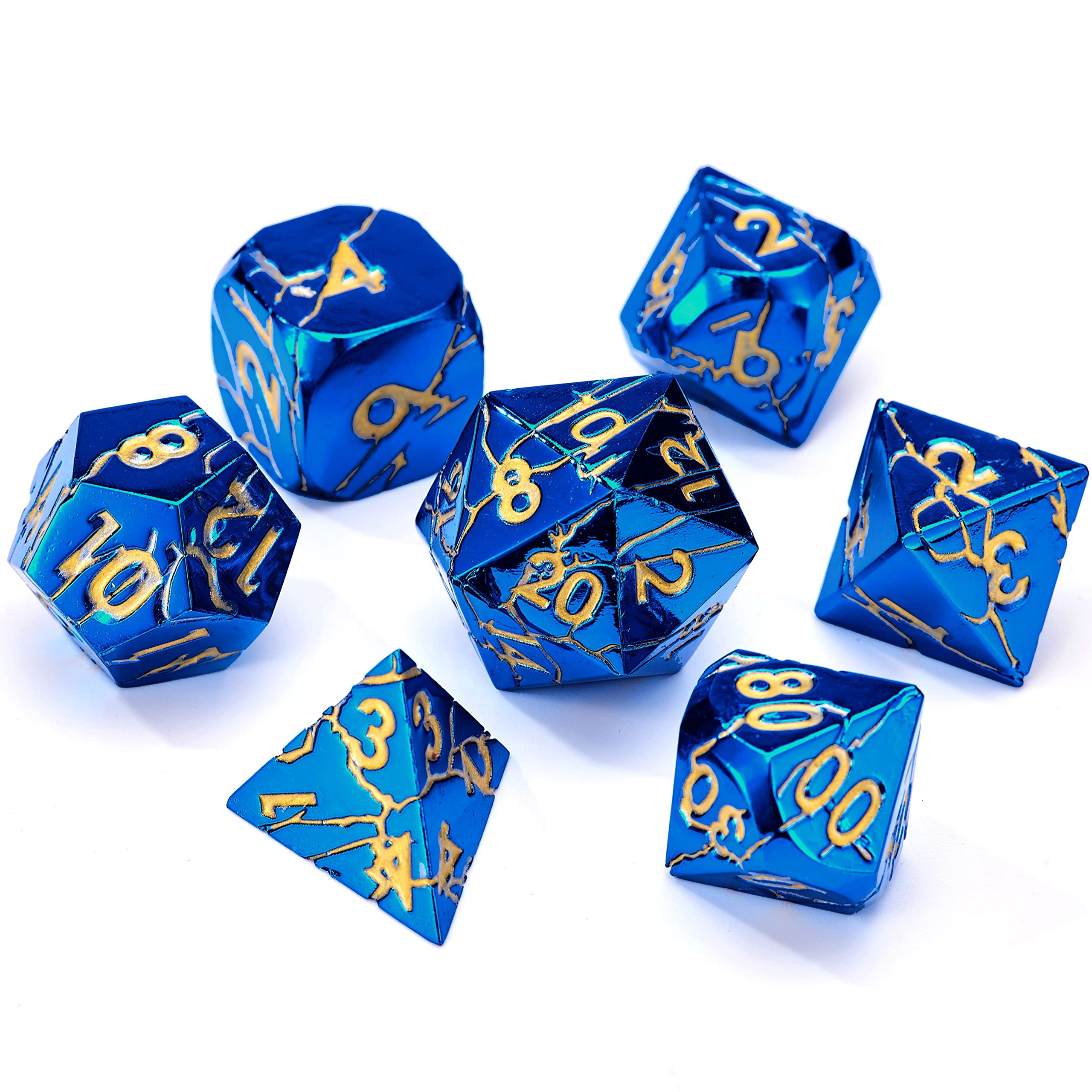 DND Metal Dice - Cracked Lightning Metal - Polyhedral Set for RPG D&D with Cracks - Beautifully Detailed Dungeons and Dragons Dice (Blue Gold)