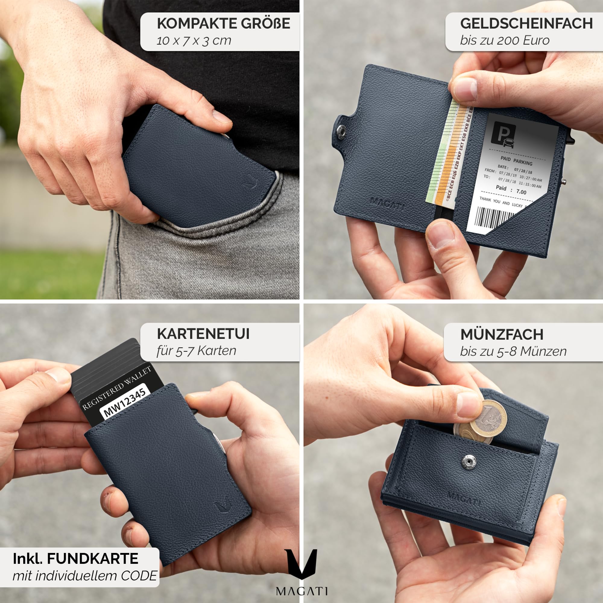 MAGATI Slim Wallet Zani aus Leder mit Fundservice, Kartenetui - Geldbörse mit Münzfach & RFID Blocker, Portmonee mit Kartenhalter & Geldscheinfach, Blau