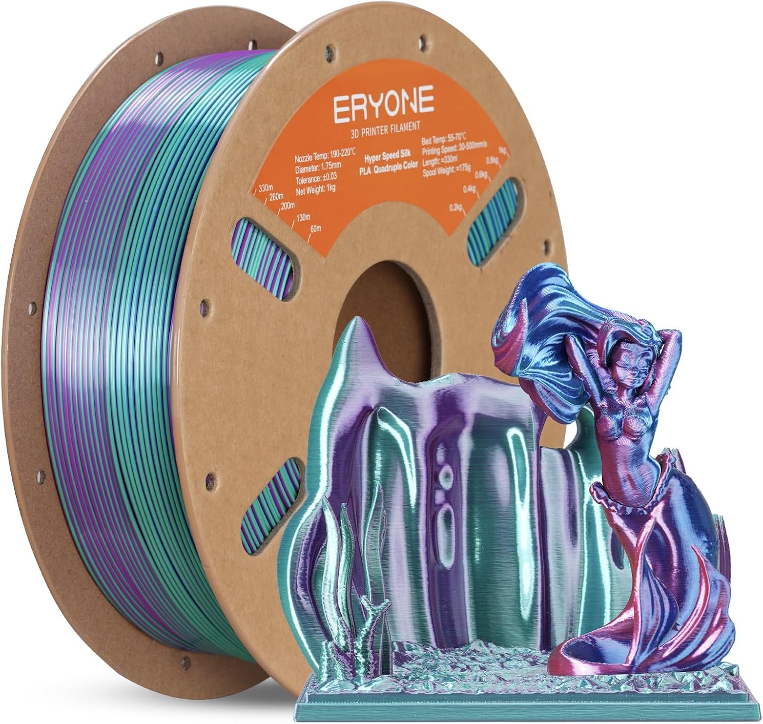 ERYONE Silk Filament PLA+ 1.75mm Shiny 3D Printer Filament, Multicolor PLA 4 in 1, 1kg (2.2LBS)/Spool, HS Silk Quadruple Color Aurora Dream (Teal Green & Violet & Electric Pink & Indigo)