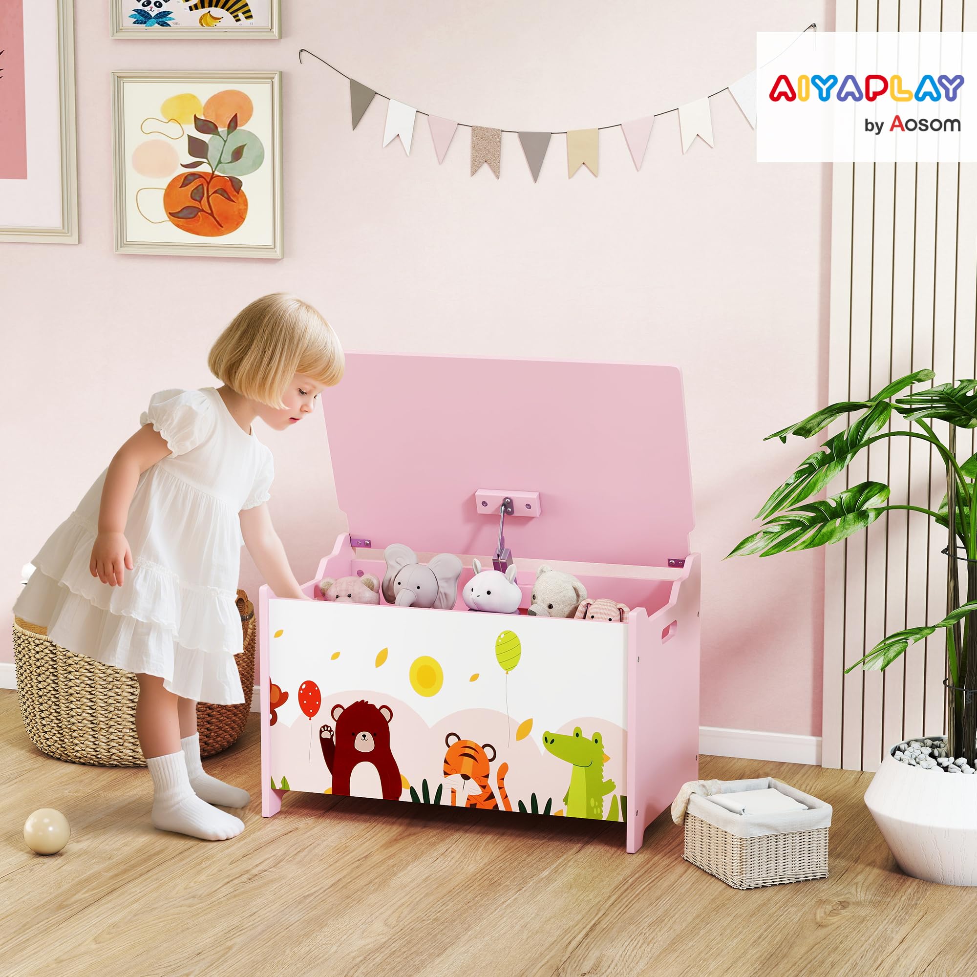 AIYAPLAY Baule Portagiochi per Bambini, Contenitore per Giocattoli in Legno con Cerniere di Sicurezza, Mobile per Cameretta e Salotto con Disegni di Animali, 60x37x39 cm, Rosa