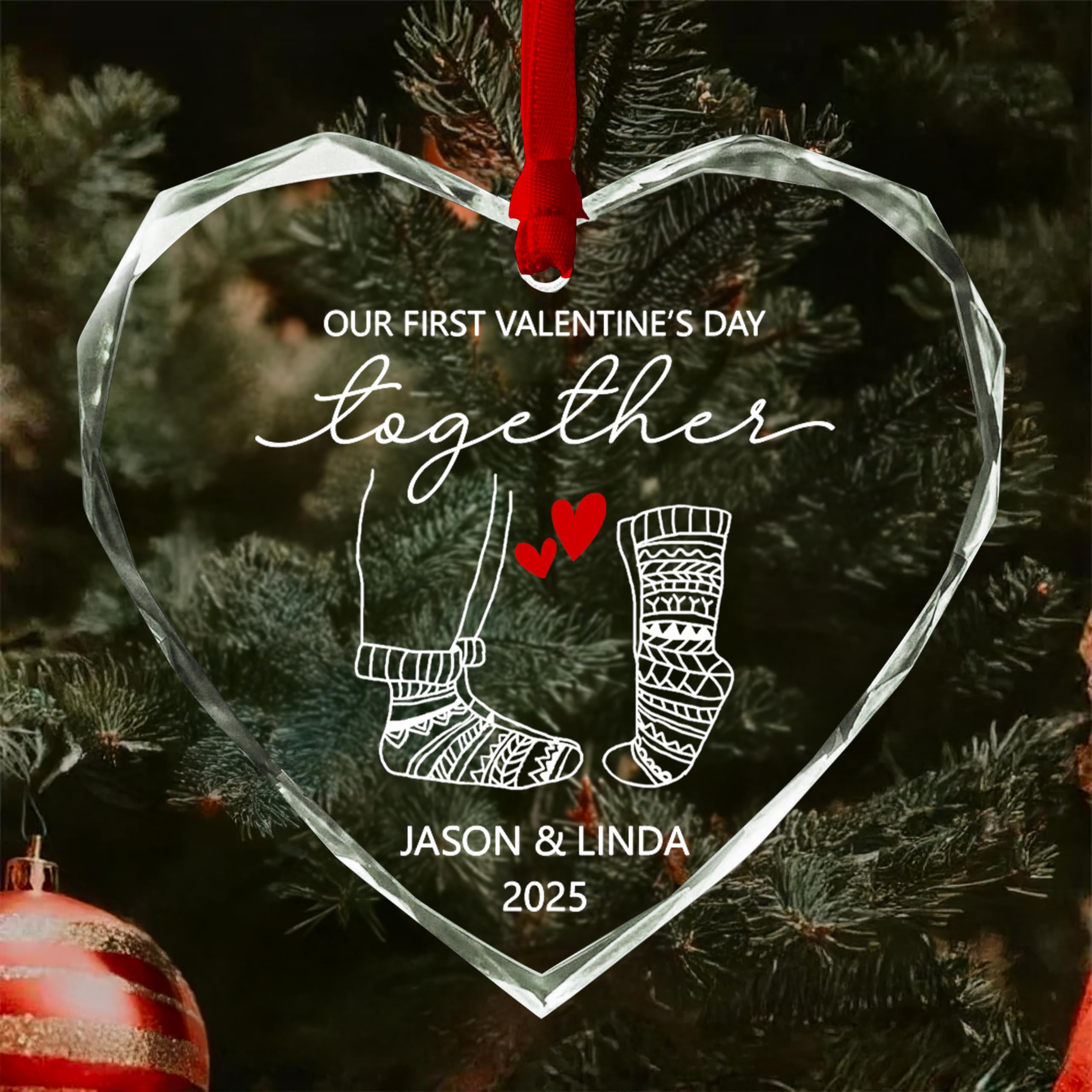 Personalized Our First Valentines Day Couple Glass Ornament - Customized Name Ornaments Romantic Gift for Couples, Anniversary Valentine Day Gifts for Women Men Her Him Girlfriend Boyfriend Newlyweds