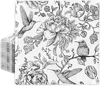 50Pcs Floral Bird Cocktail Paper Napkin White Black Disposable Napkin Vi...