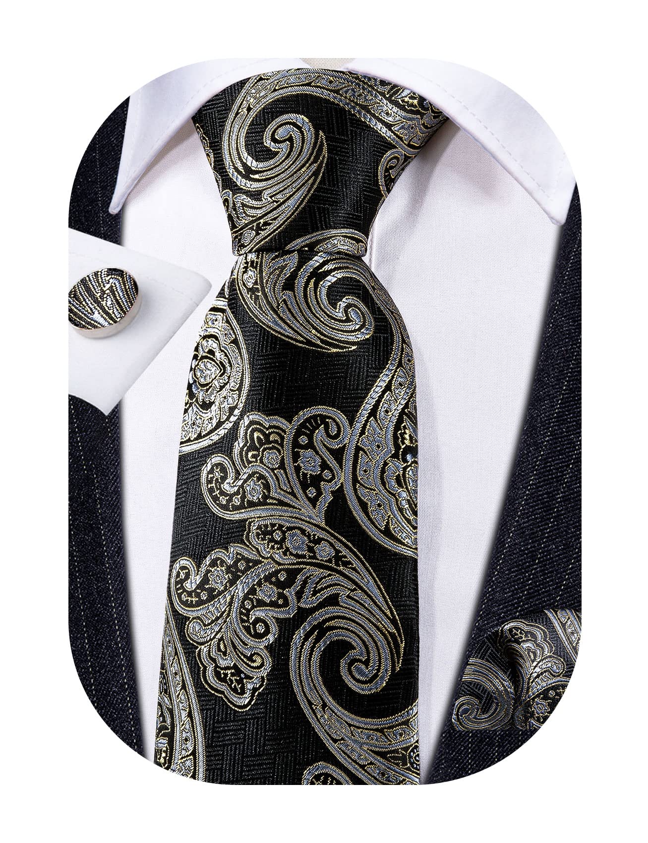 Barry.WangPaisley Tie Fashion Set Hanky Cufflinks Neckties for Men Woven Silk