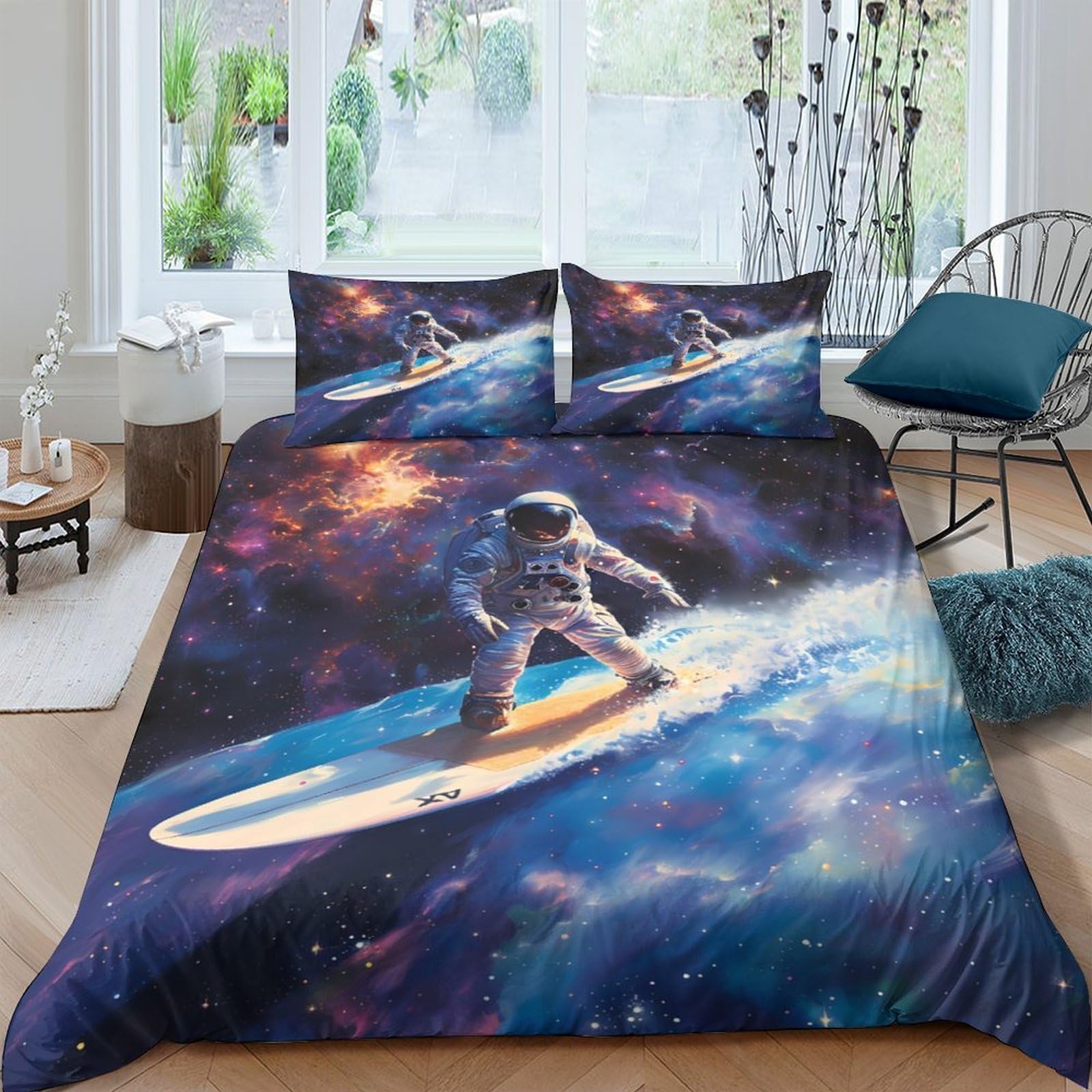 TUFRTGYHN 3D Printed Astronaut Surfing Galaxy Duvet Cover Set Microfiber Soft Breathable Cosmic Space Bedding with 2 Pillowcases Single（135x200cm）