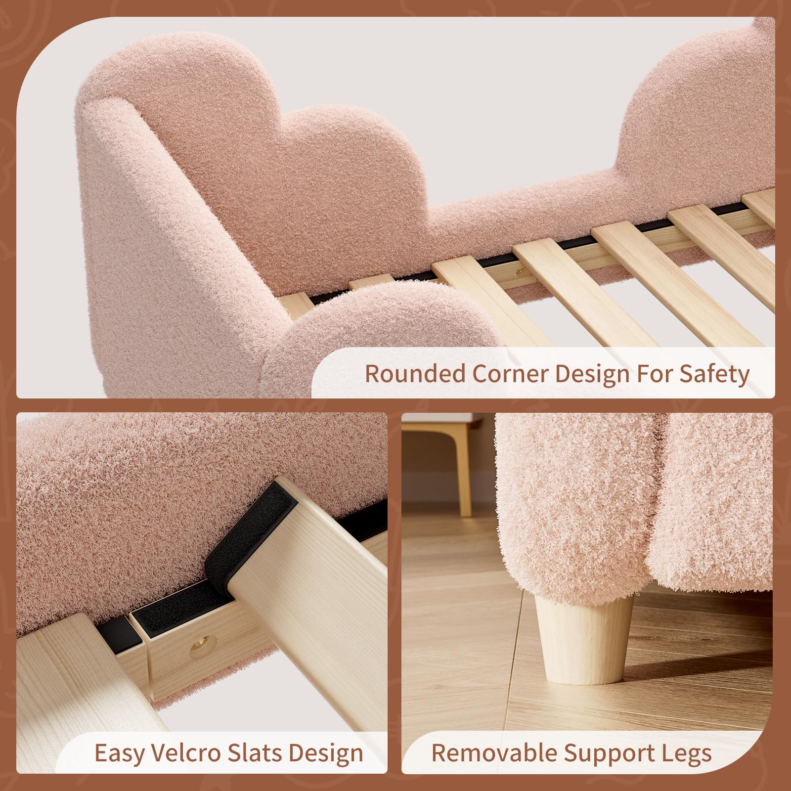 Toddler Bed, 140x70cm Soft Padded Kids Bed with Cloud-Shaped Safety Guardrails, Low Bed Frame for Girls Boys Children, Cot to Bed Transition (Mattress NOT Included) — view 4