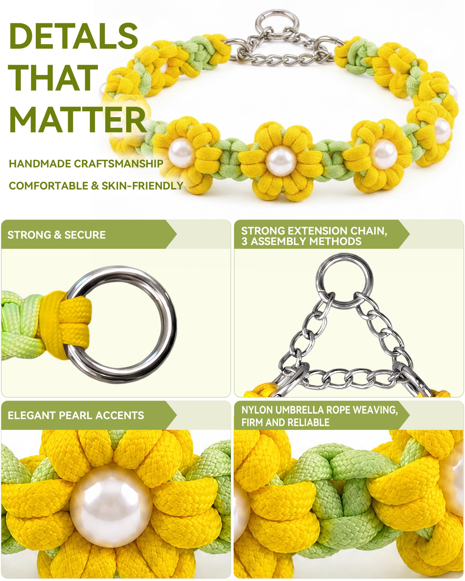 Boho Daisy Collier pour chien en paracorde fait à la main Motif marguerite Jaune Taille XL 50,8 - 61 cm