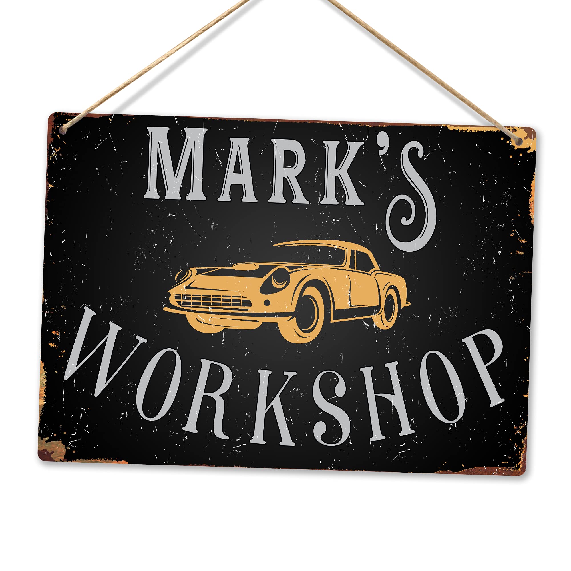 Personalised Vintage Workshop – Black – Medium Twine | Printed Metal Wall Sign Plaque