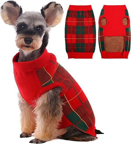 Miniatura 8 de Kuoser Suéter de punto para perro, suéteres de Navidad, suéteres clásicos a cuadros de punto trenzado, ropa de cuello alto para cachorros de clima