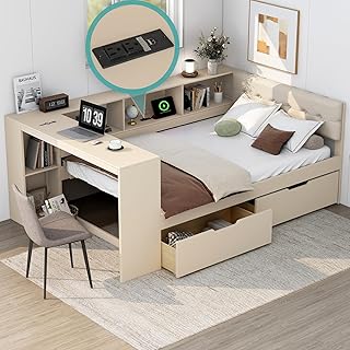 12 Bedroom Room Ideas with Desk for Balanced Layouts 35 Polibi Full Size Wood Daybed with Storage Shelves, Built-in Desk, Under-...