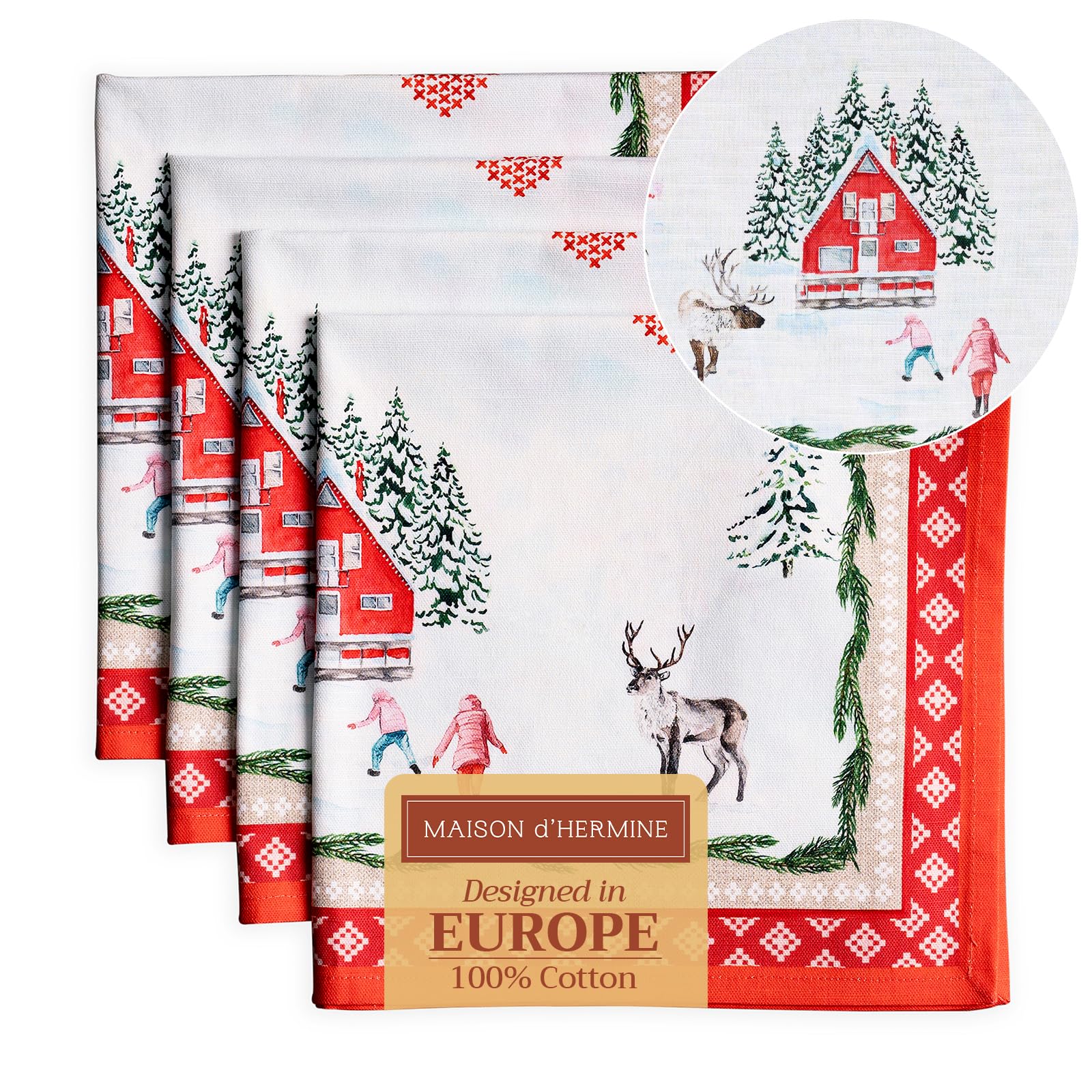Maison d' Hermine Cloth Napkins Set of 4 100% Cotton for Christmas Decorations Everyday Reusable Square Autumn Napkins Cloth Washable Dinner Party Wedding (Rural Christmas, 45 CM x 45 CM)