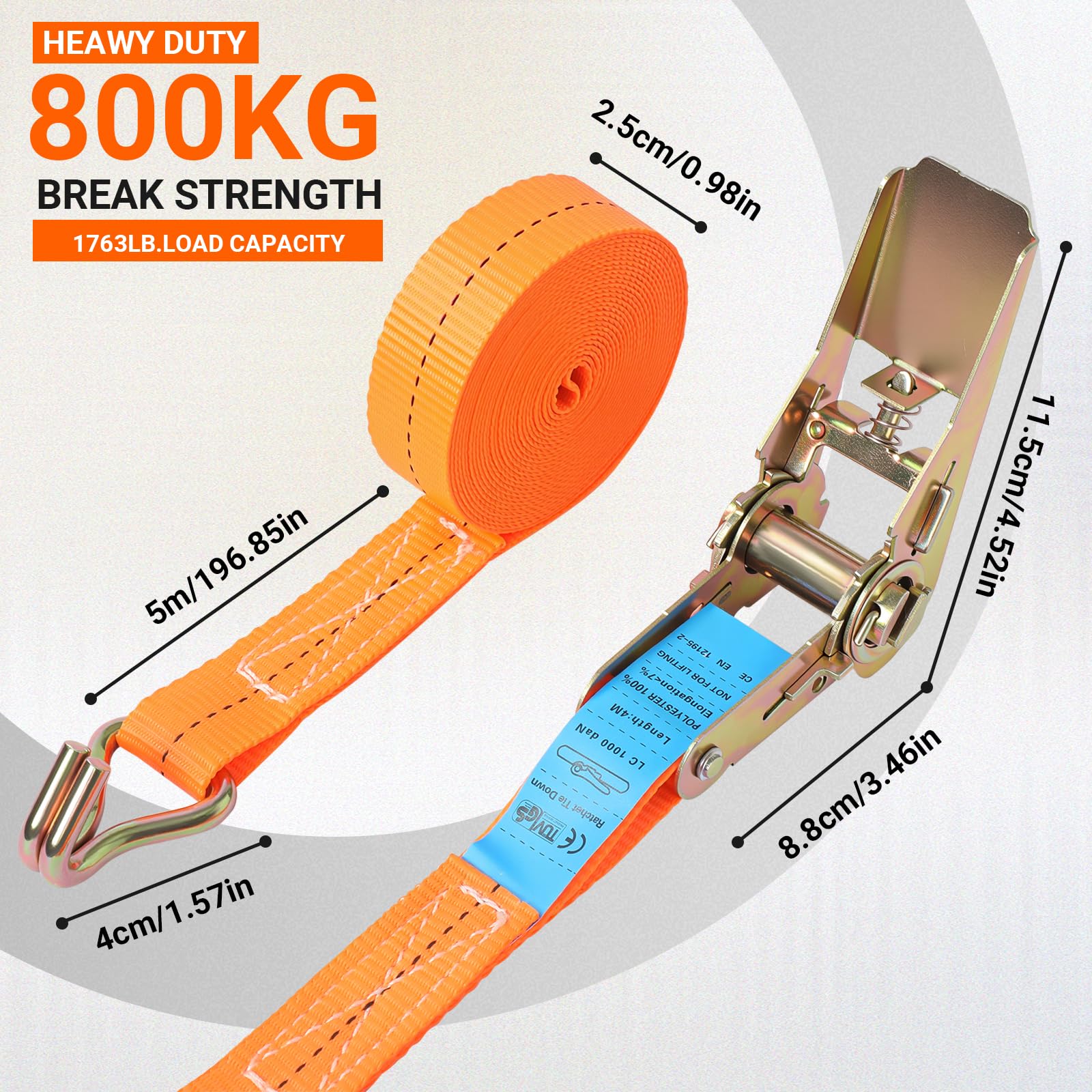 12 Stück Spanngurte mit Haken Ratsche - 5m 800kg 0.8T Zweiteilig 25 mm Ratschengurt,Spanngurt,Zurrgurte für Ladungssicherung TÜV/GS Zertifiziert (Orange)