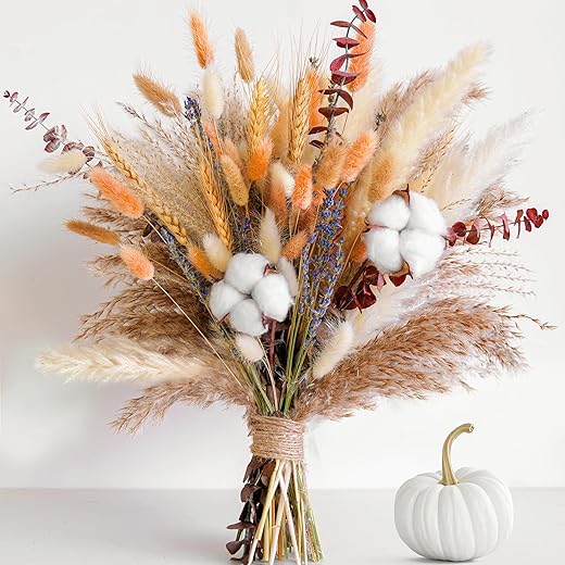 Fall Dried Flower Bouquet – Boho Fall Decor with Pampas Grass, Cotton, and Orange Bunny Tails – Autumn Floral Arrangement for Home, Mantel, or Vase – Fall Decorations for Home Indoor & Porch