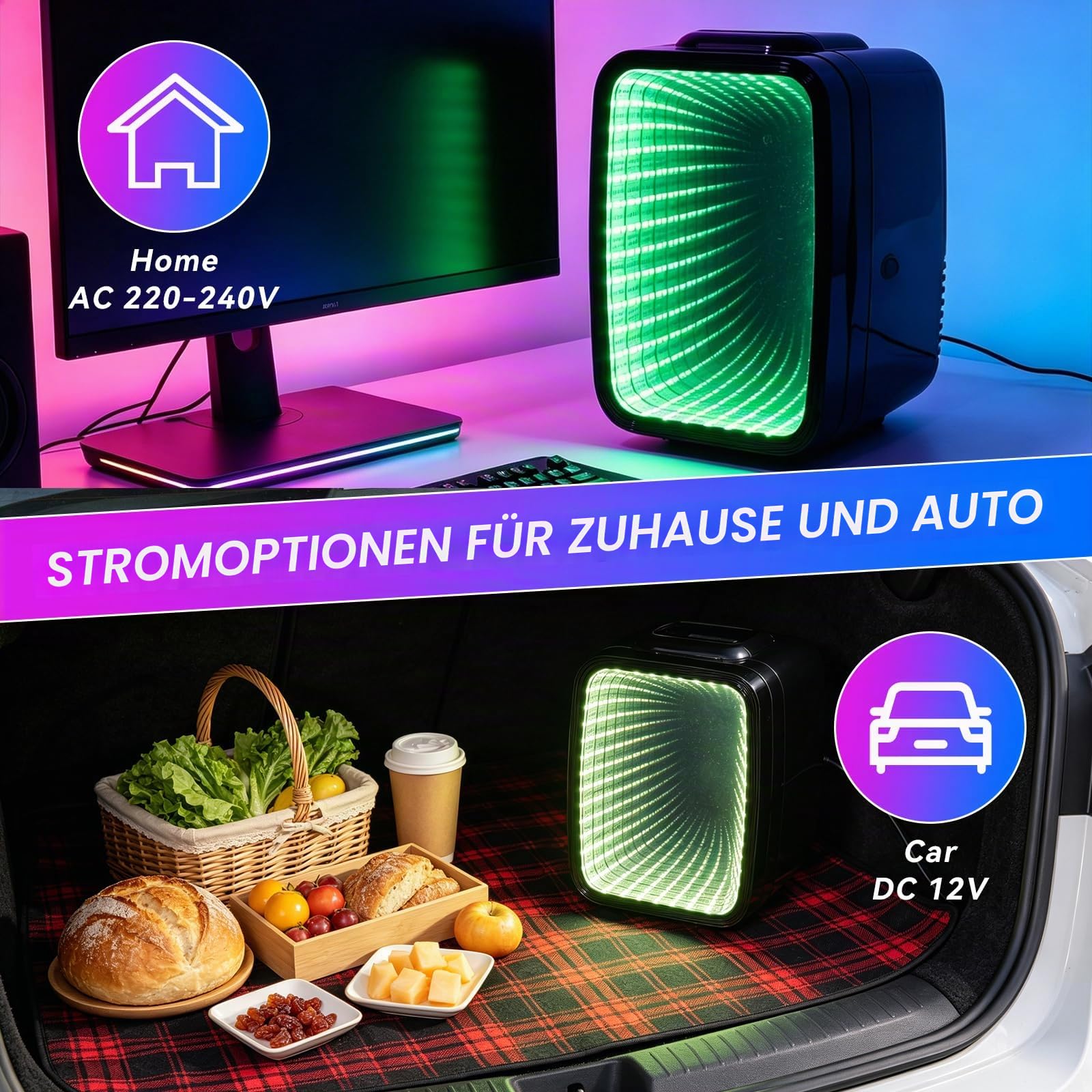 Enventor Mini Kühlschrank 4L, RGB Infinity, 6 dimmbare Lichtmodi | Tragbarer Kühl- und Warmhaltebehälter, AC + 12V DC, Kleiner Kühlschrank für Schlafzimmer, Gaming-Zimmer, Büro, Auto