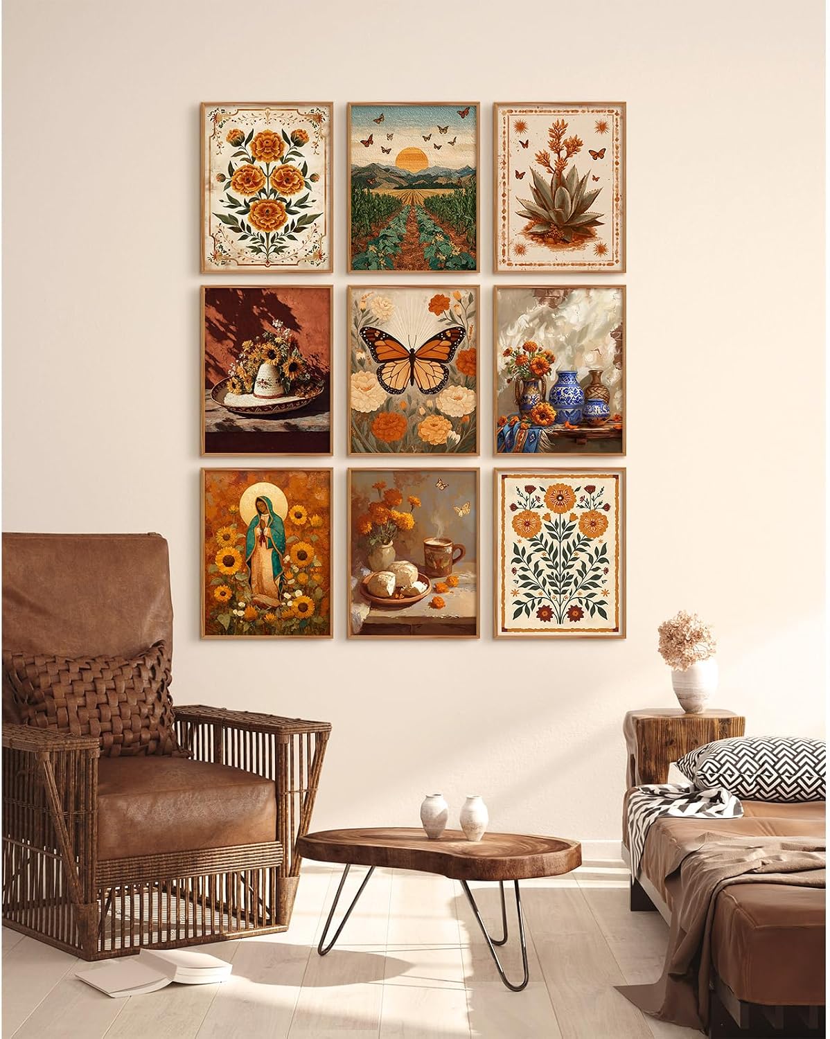 Mexican Marigolds Wall Art Boho Floral Wall Decor Vintage Flower Canvas Prints Folk Botanical Pictures Rustic Cactus Poster ‌Virgen De Guadalupe Painting for Living Room Bedroom 12x16x9 Inch Unframed image 5
