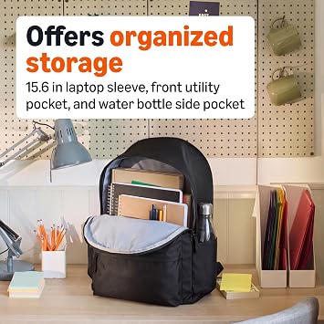 Amazon Basics Backpack for School, Travel, Study with Padded Adjustable Shoulder Straps, Spacious Compartment, Water Bottle Pockets, Durable Classic Design, Black