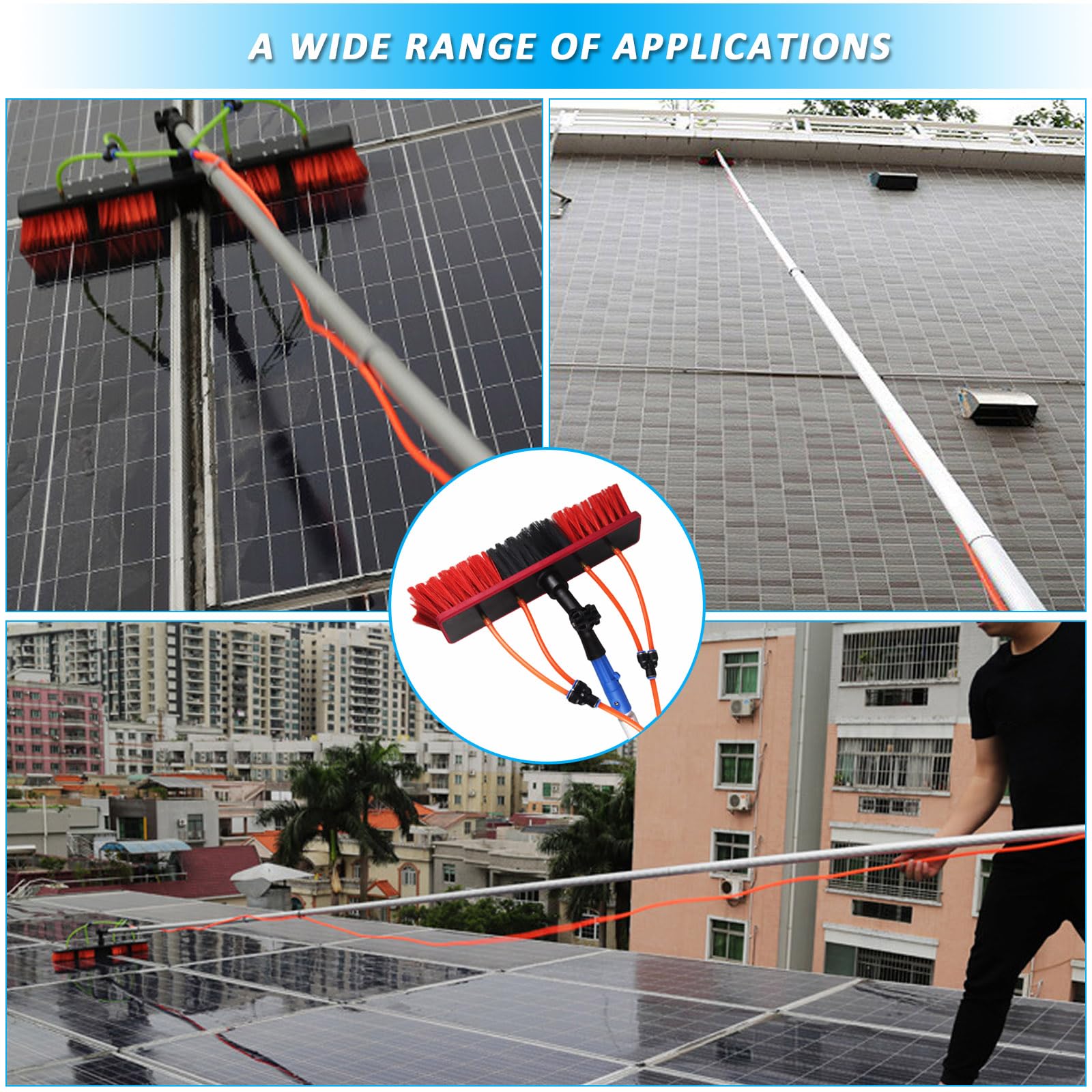Kit de pértiga con Suministro de Agua: Cepillo telescópico Extensible con Cabezal Giratorio para la Limpieza de Ventanas Altas y Paneles solares limpie