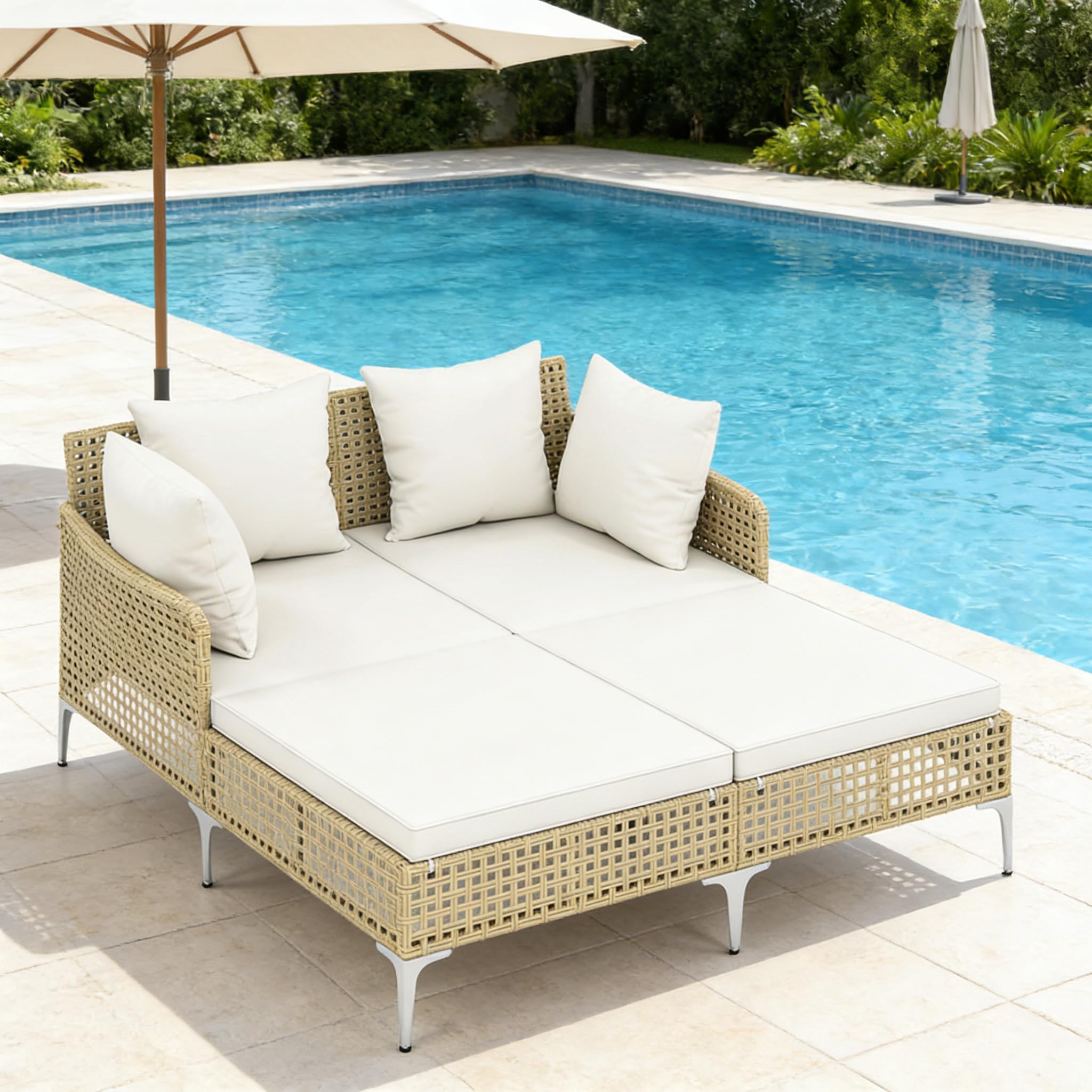 LIFEZEAL Lettino 2 Posti Prendisole in Rattan, Portata 360 kg | Lettino da Giardino con Cuscini, Struttura in Metallo, Piedini Regolabili, Divano da Esterno per Terrazza, Balcone, Piscina