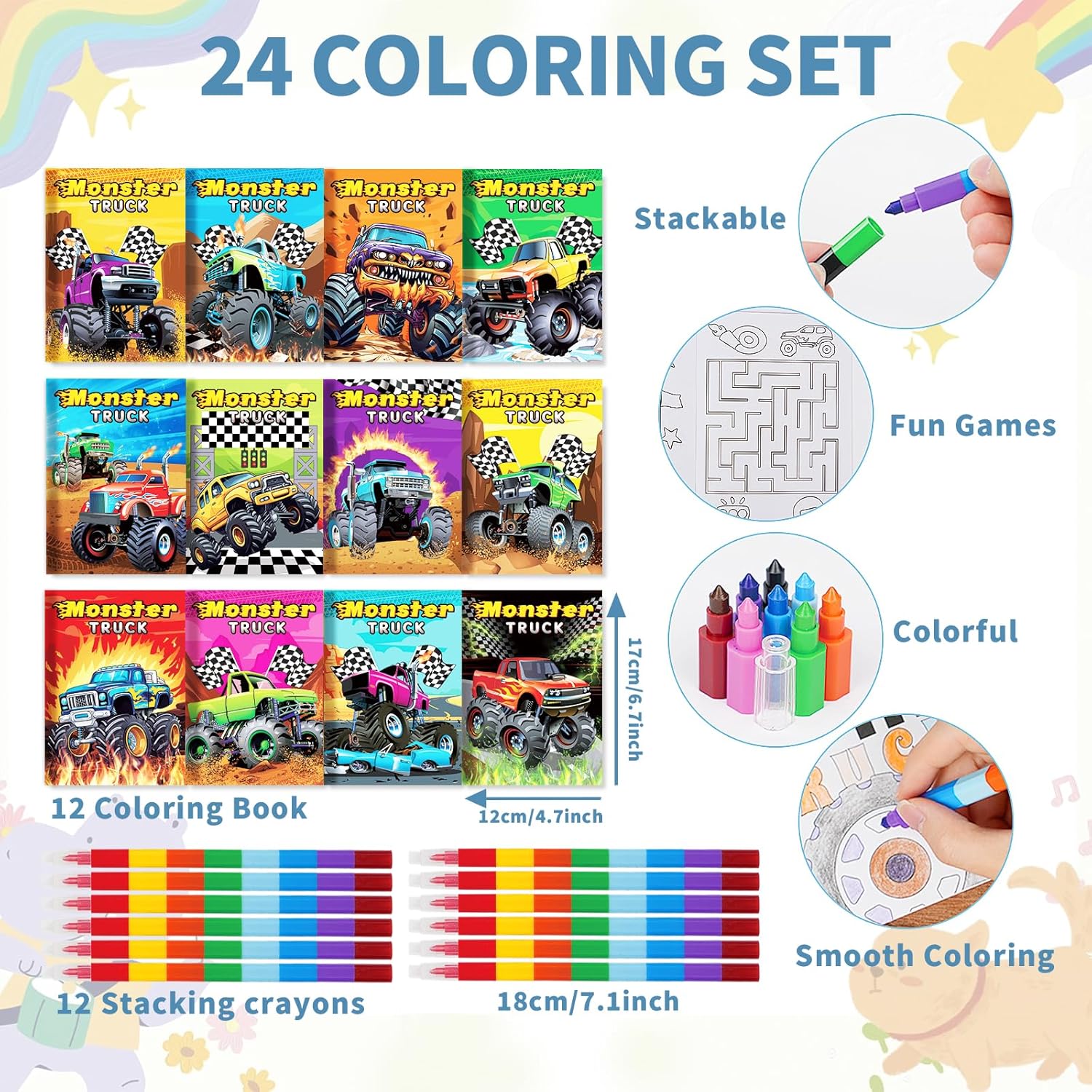 BenLouis 12 Monster Truck Mini Coloring Books Kids with 12 Stacking Crayons Car wheels Party Favors Small Activity Books Bulk for Kids Monster Truck Party Gift Goodie Bag Stuffers - Image 2
