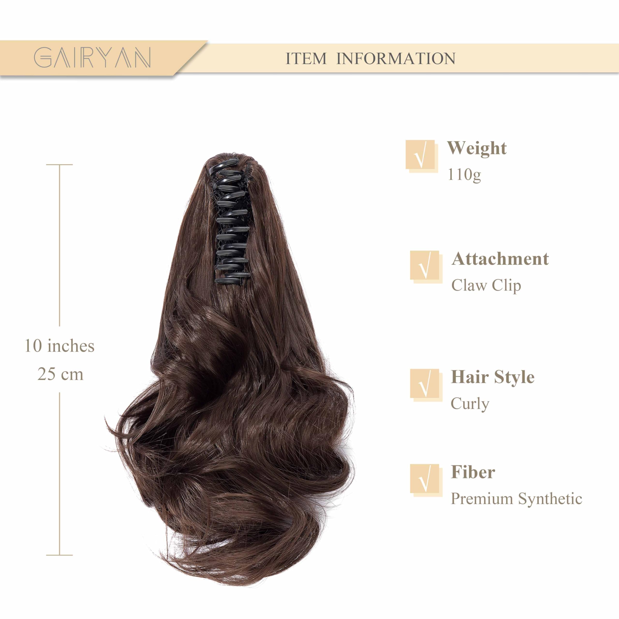 Gairyan 10" Clip in Ponytail Hair Extensions Curly Ponytail Extension Claw on Pony tails Wavy Synthetic Hairpieces for Women Real Natural Short Wave Ash Brown - Image 2