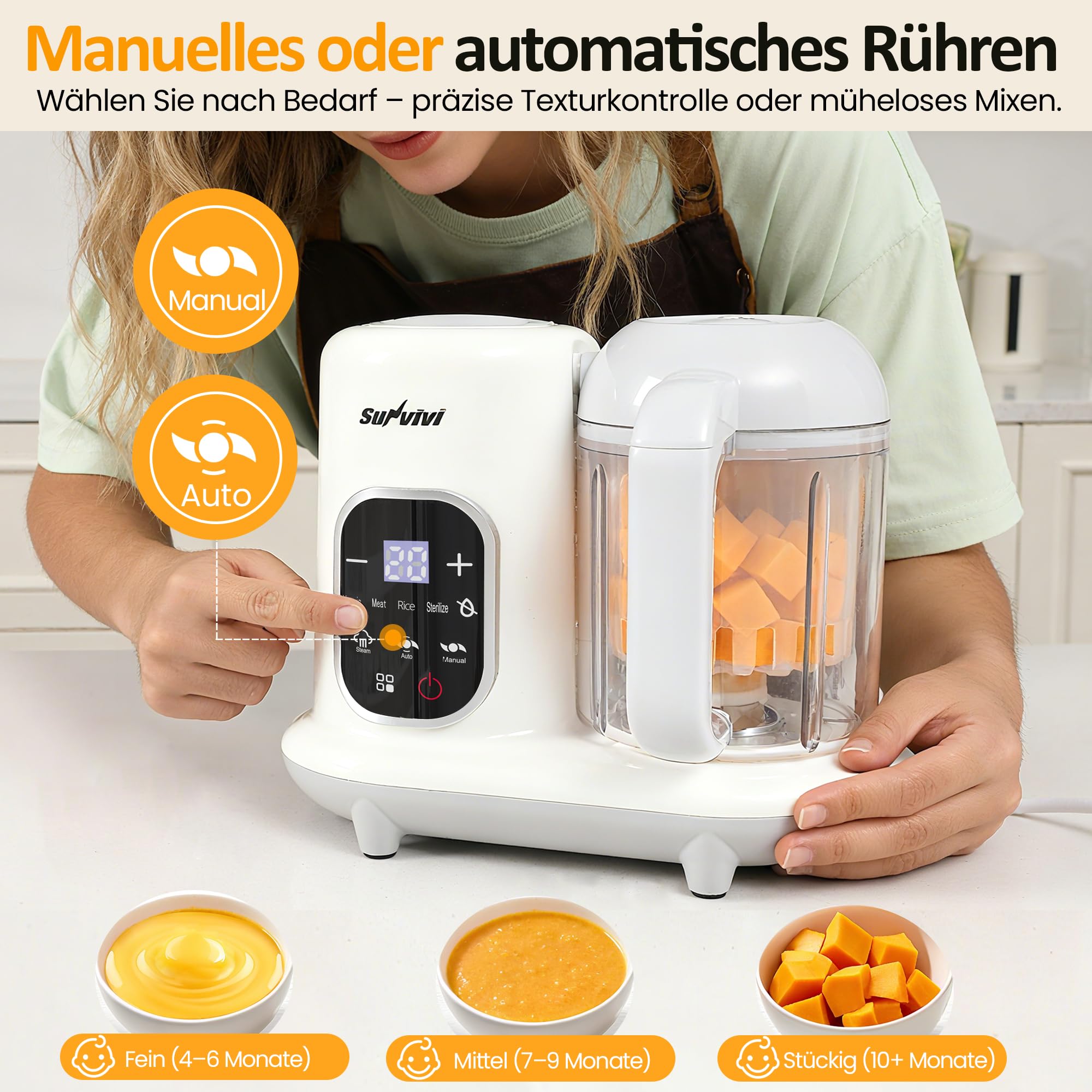 Sunvivi Babynahrungszubereiter 8-in-1 mit Dampfgarer und Mixer, 350g Große Kapazität Baby Food Maker, Multifunktionaler Babybrei Zubereiter mit LCD-Display, Sterilisator, Wärmer und Auftaufunktion