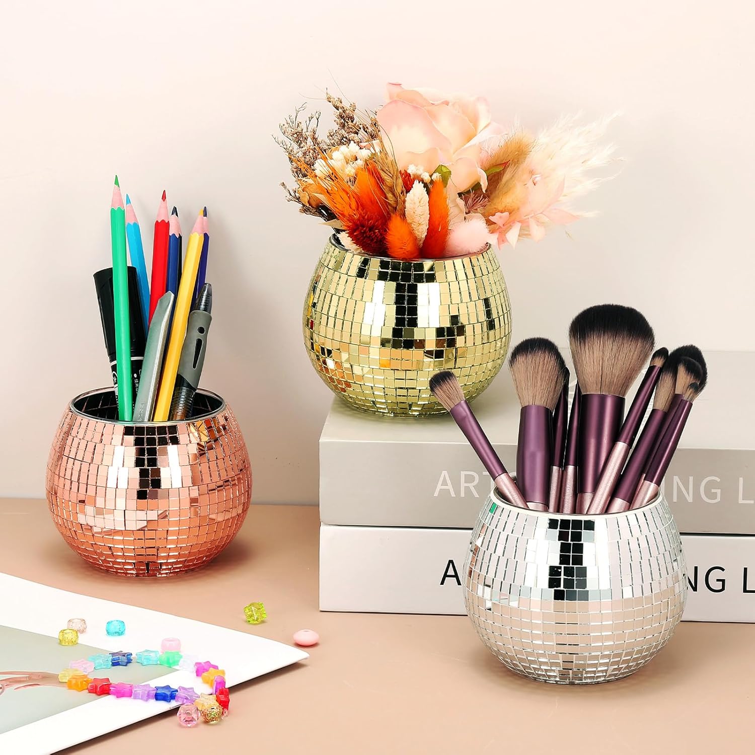 Disco Ball Vase, 4Pcs Glass Disco Ball Planter for Flowers 4"x3" Silver Mirrored Mosaic Flower Vase Bulk Candle Holder Diffuser for Table Centerpieces Decor Home Wedding