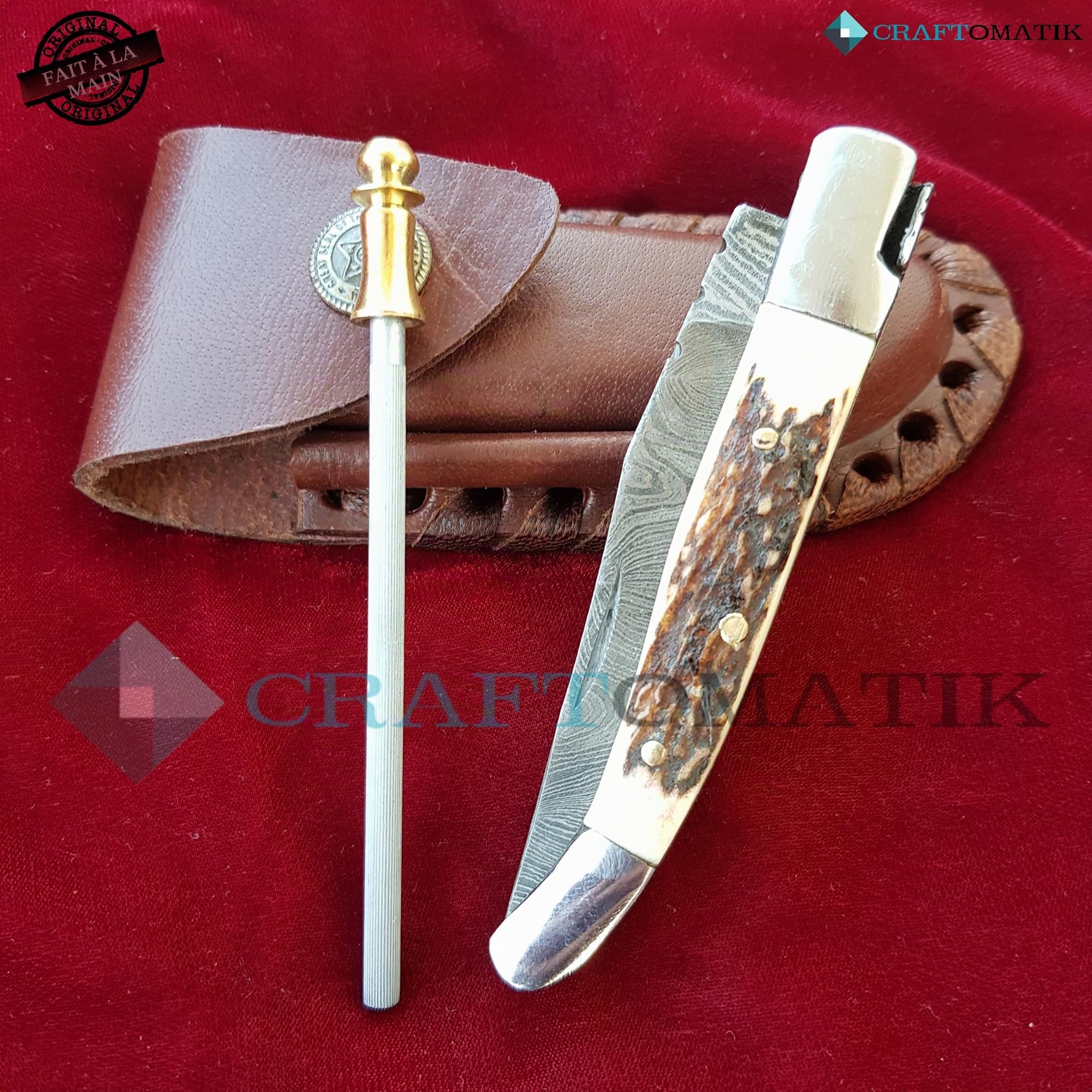 Couteau de poche en acier damassé | Couteau pliant Laguiole | Acier inoxydable | Manche en laiton | Couteau de camping | FK03