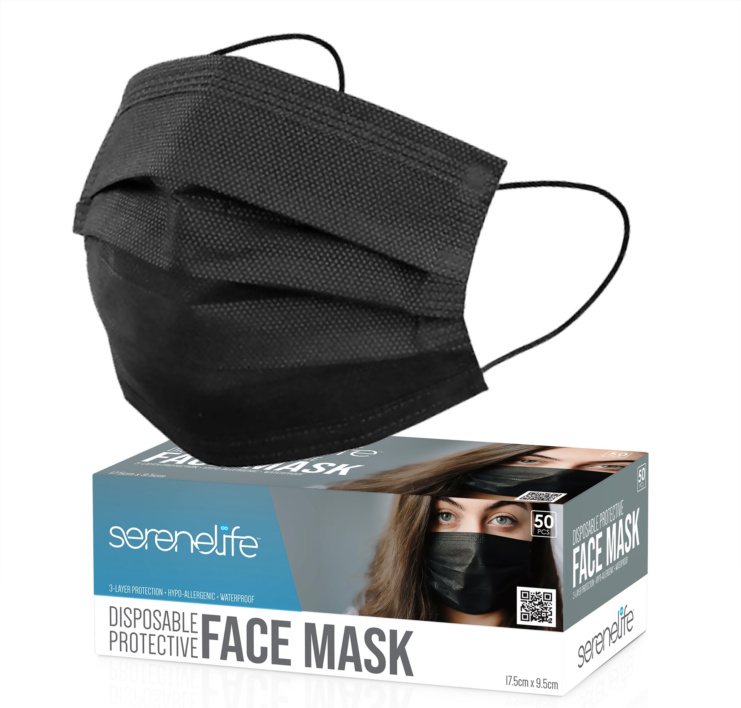 SereneLife 50 Count Disposable Face Masks | Breathable 3-Ply Layers | Made from Non-Woven Fabric | Comfortable Earloops | Daily Use & Personal Care | Easy to Use & Disposable | For Adults (Black)