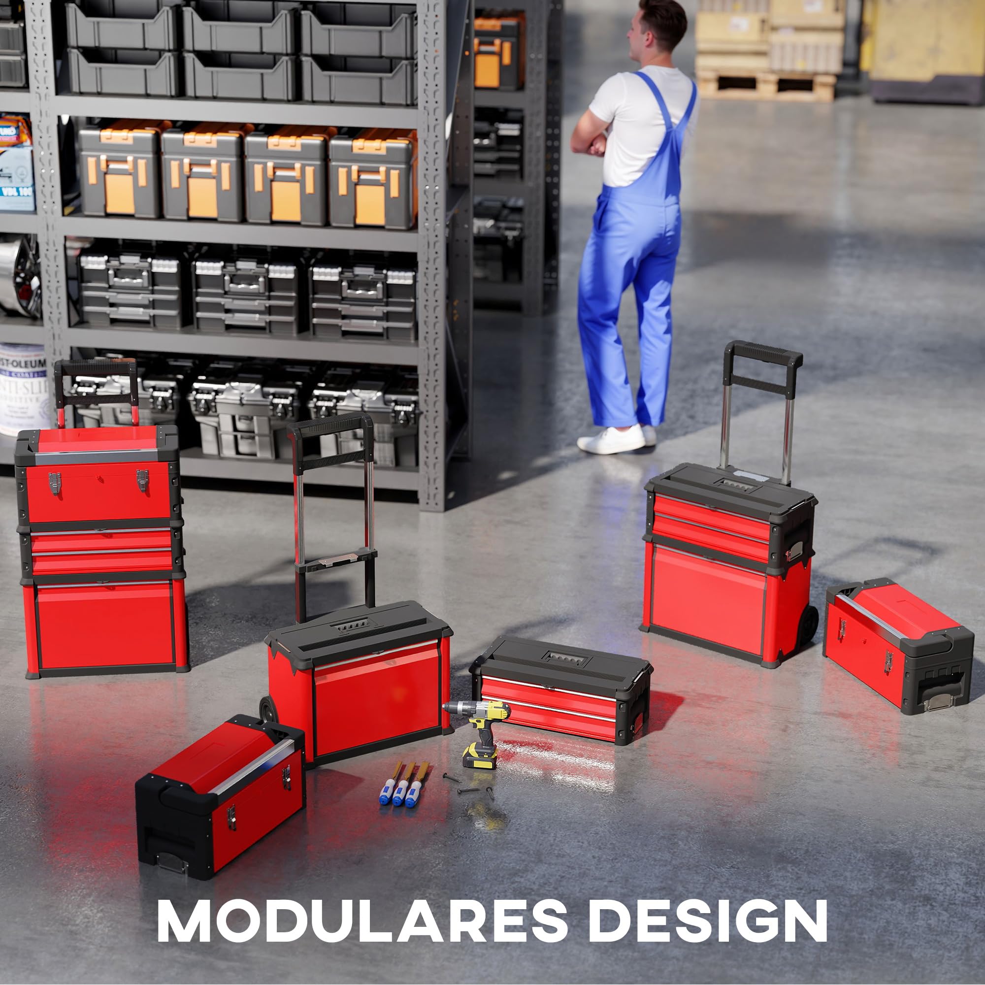 HOMCOM Carro de taller con maletín de herramientas vacío con 3 unidades modulares, carro para almacenamiento de herramientas, caja de herramientas con asa, acero, color rojo