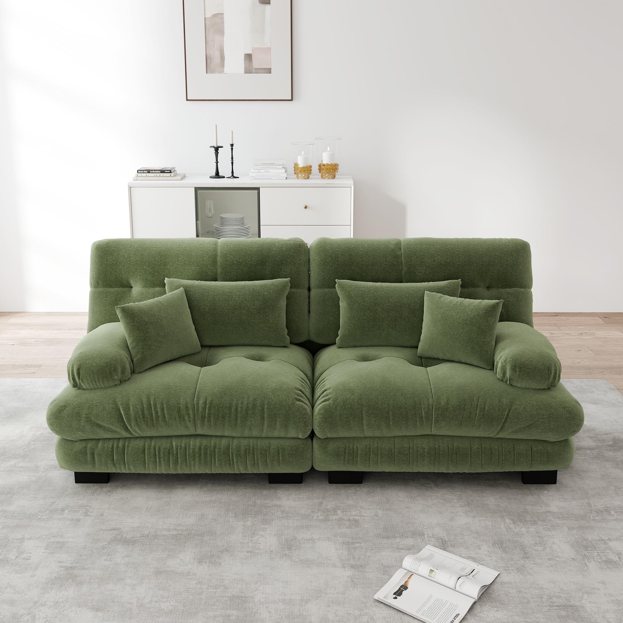 Muskel Modernes Cloud 2-Sitzer Sofa für Wohnzimmer, Loveseat Couch Chenille Doppelsofa mit Lendenkissen und Dekokissen, Massivholzrahmen (Grün, 2-Sitzer)