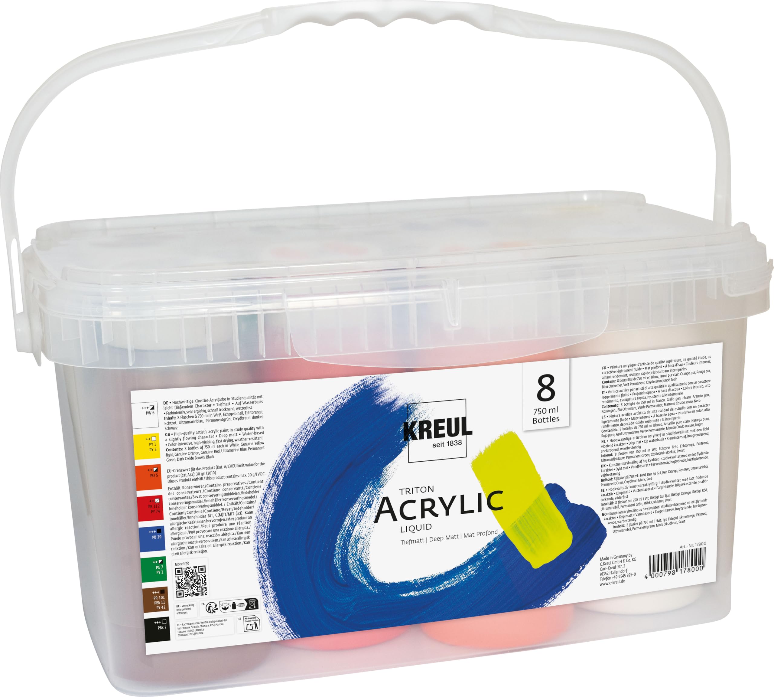 KREUL 17800 - Triton Acrylic Liquid im Powerpack, Set mit 8 x 750 ml Farbe, Hochwertige Künstler-Acrylfarben in Studienqualität mit leicht fließendem Charakter, in praktischer Tragebox