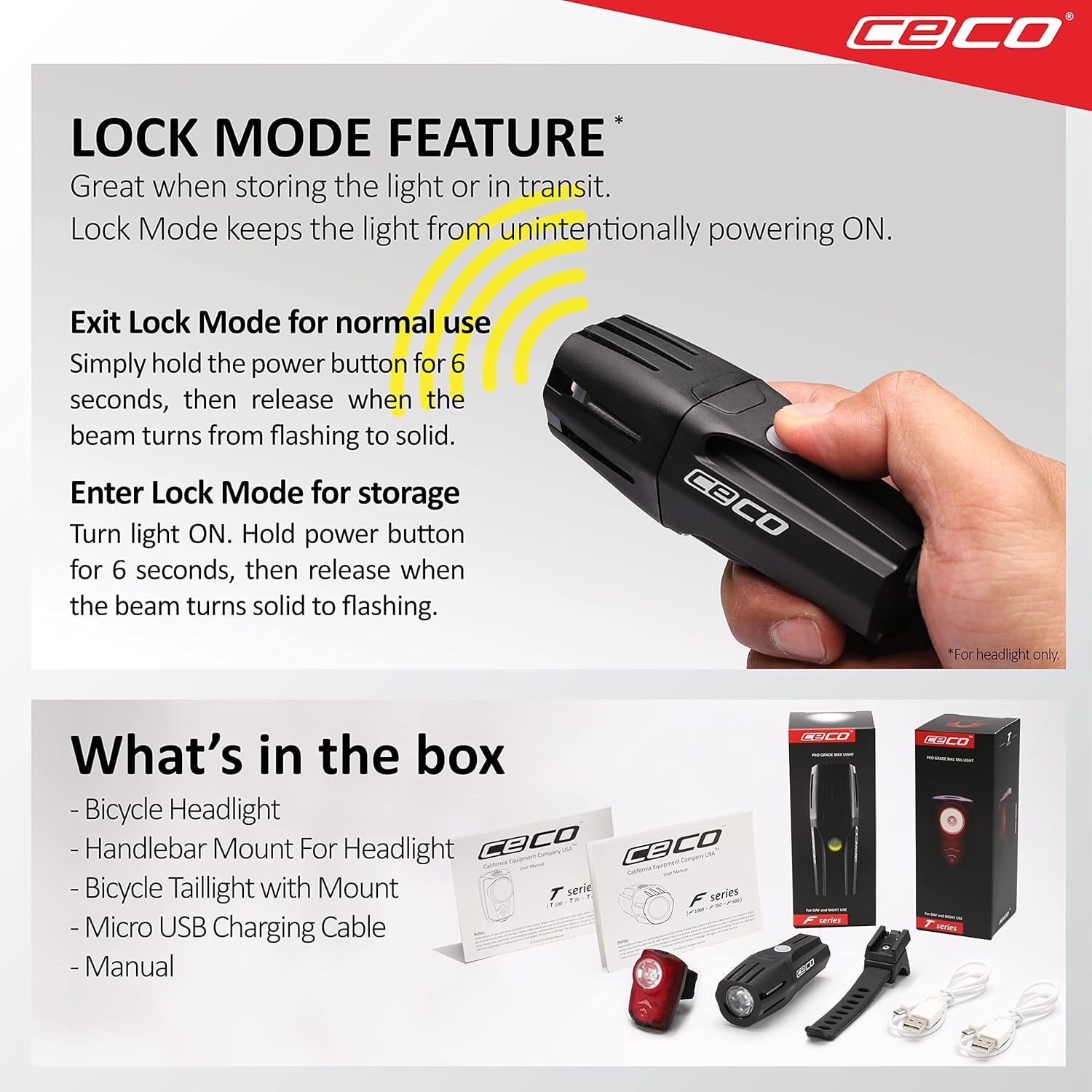 CECO-USA: 750 Lumen Headlight & 100 Lumen Tail Light Combo Pack for Cyclists who Want to See far & to be seen from afar. Brightest USB Rechargeable Bike Light Set Available for All Cyclists