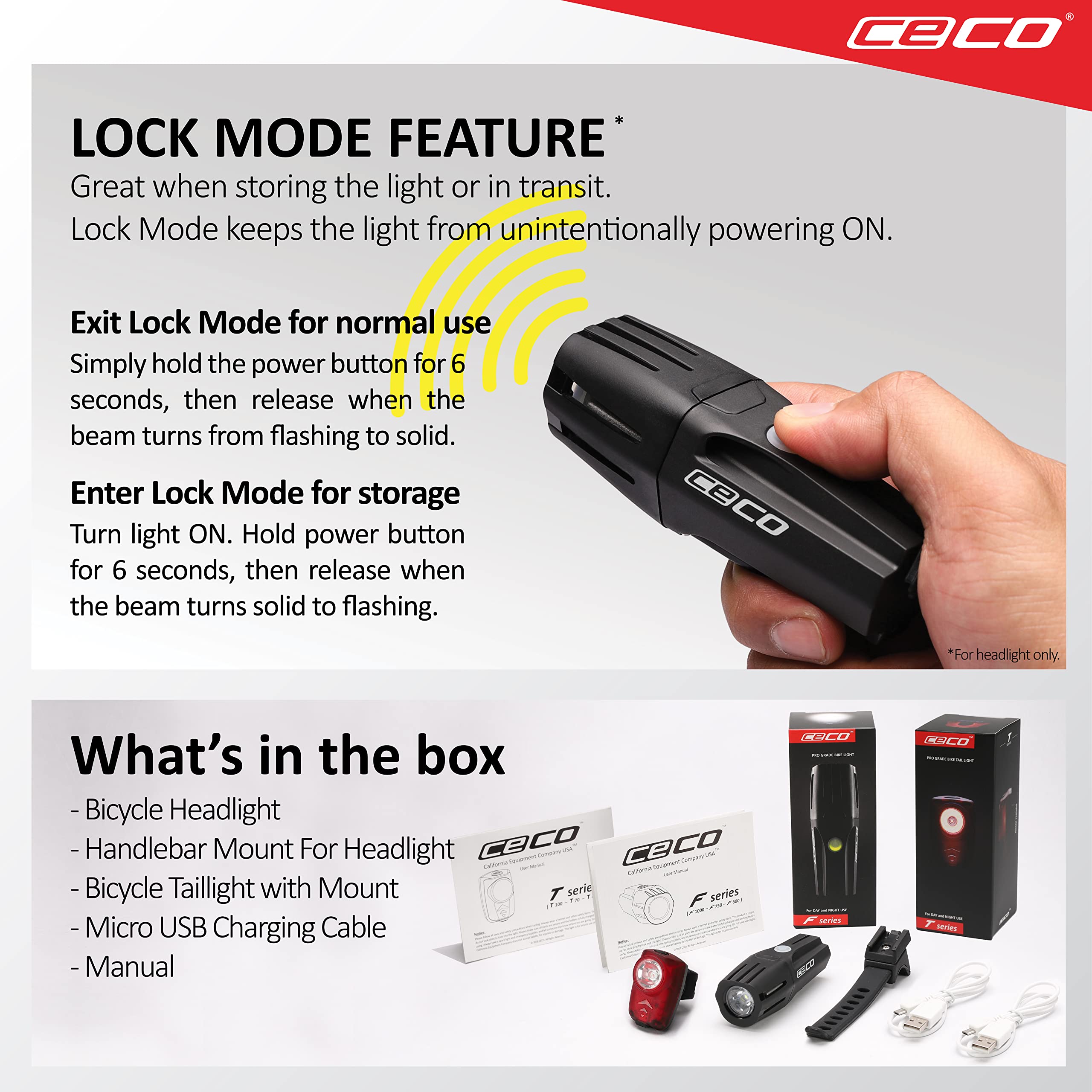 CECO - USA : 750 lumens phare et feu arrière 100 lumens combo pack pour cyclistes qui veulent voir loin et être vus de loin. Le plus lumineux jeu de feux de vélo rechargeable par USB disponible pour